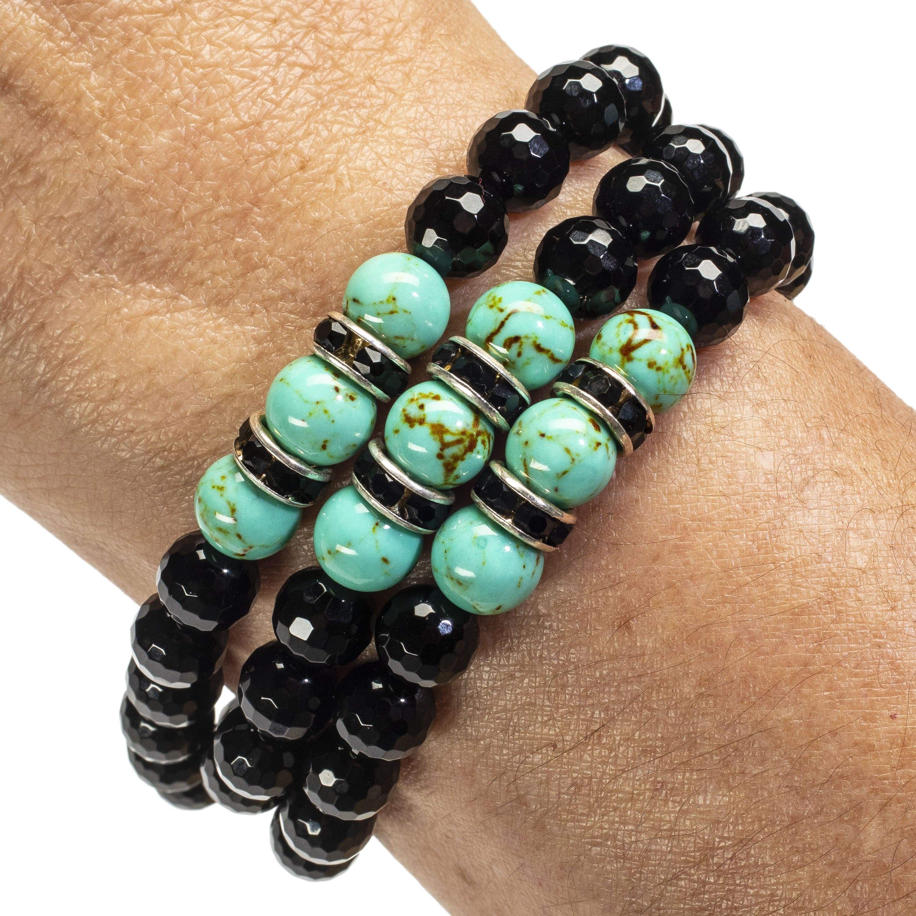 Kalifano Gemstone Bracelets Black Agate 8mm Beads with Howlite Turquoise and Crystal Accent Beads Triple Wrap Elastic Gemstone Bracelet WHITE-BGI3-015