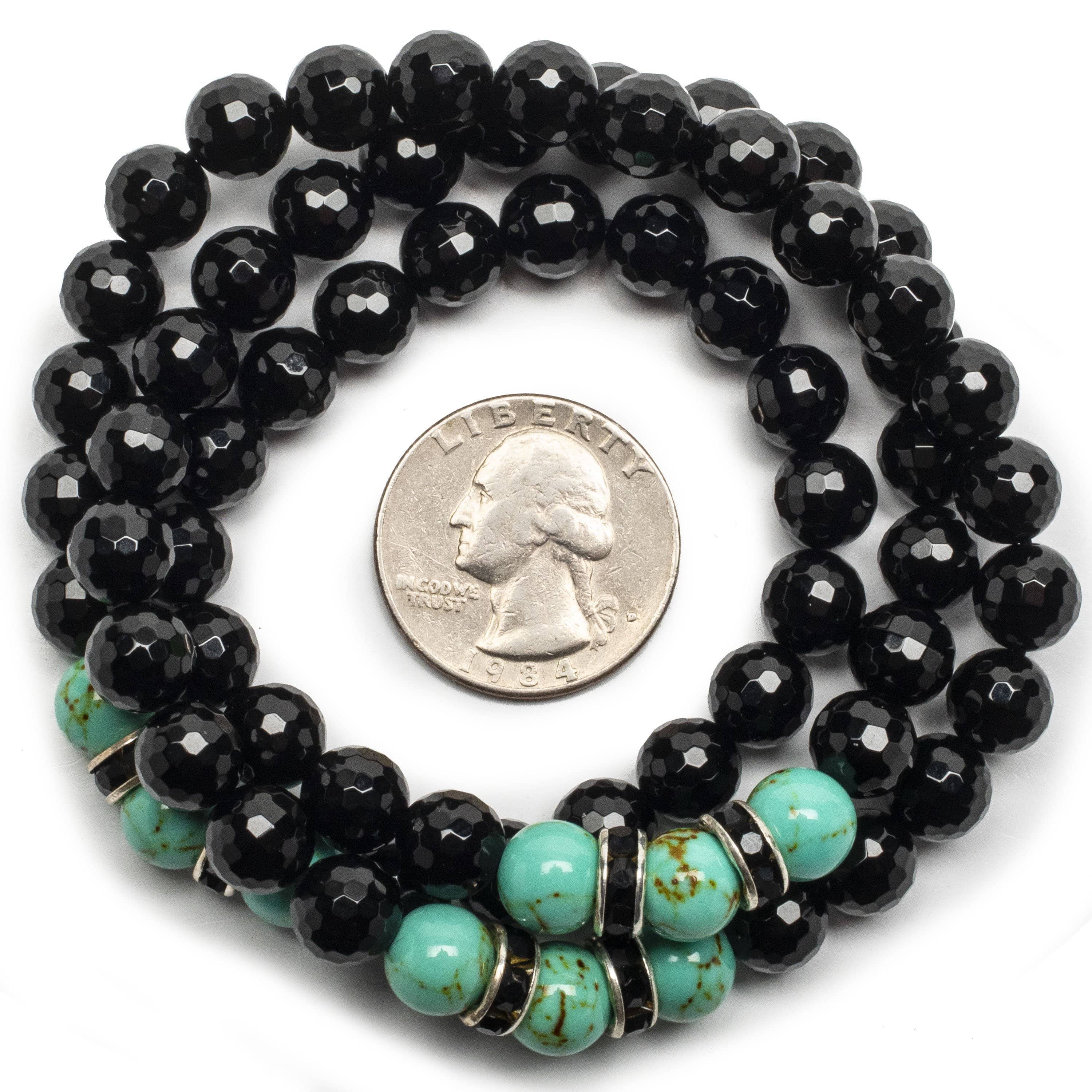 Kalifano Gemstone Bracelets Black Agate 8mm Beads with Howlite Turquoise and Crystal Accent Beads Triple Wrap Elastic Gemstone Bracelet WHITE-BGI3-015