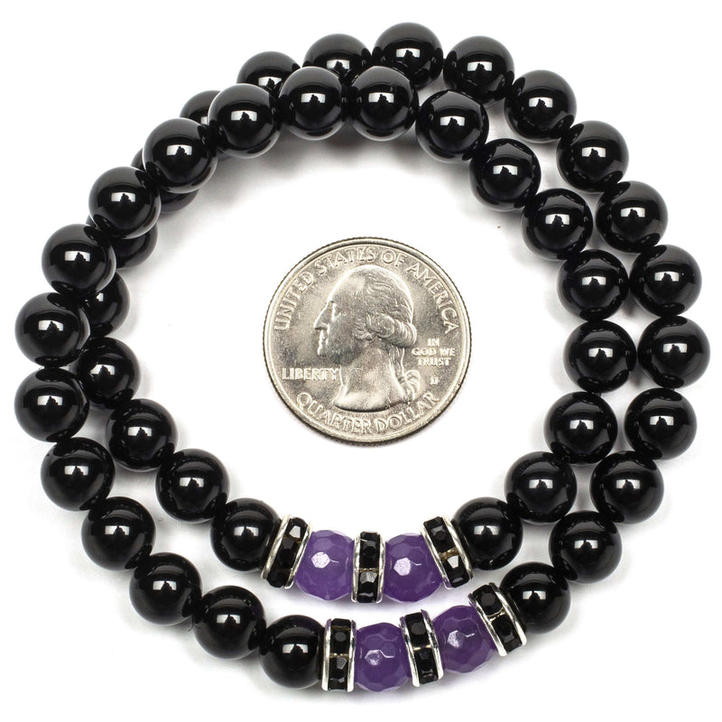 Kalifano Gemstone Bracelets Black Agate 8mm Beads with Light Purple Agate and Black & Silver Accent Beads Double Wrap Elastic Gemstone Bracelet WHITE-BGI2-004