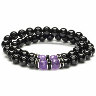 Kalifano Gemstone Bracelets Black Agate 8mm Beads with Light Purple Agate and Black & Silver Accent Beads Double Wrap Elastic Gemstone Bracelet WHITE-BGI2-004