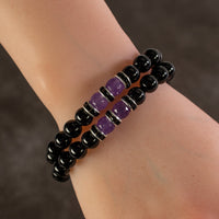Black Agate 8mm Beads with Light Purple Agate and Black & Silver Accent Beads Double Wrap Elastic Gemstone Bracelet Main Image