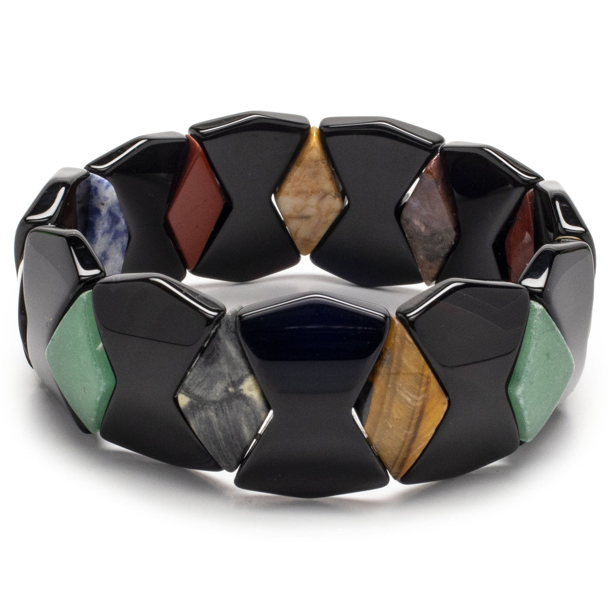 Kalifano Gemstone Bracelets Black Agate with Multi Natural Gemstone Diamond Shape Accents Natural Gemstone Elastic Bracelet GOLD-BGP-029
