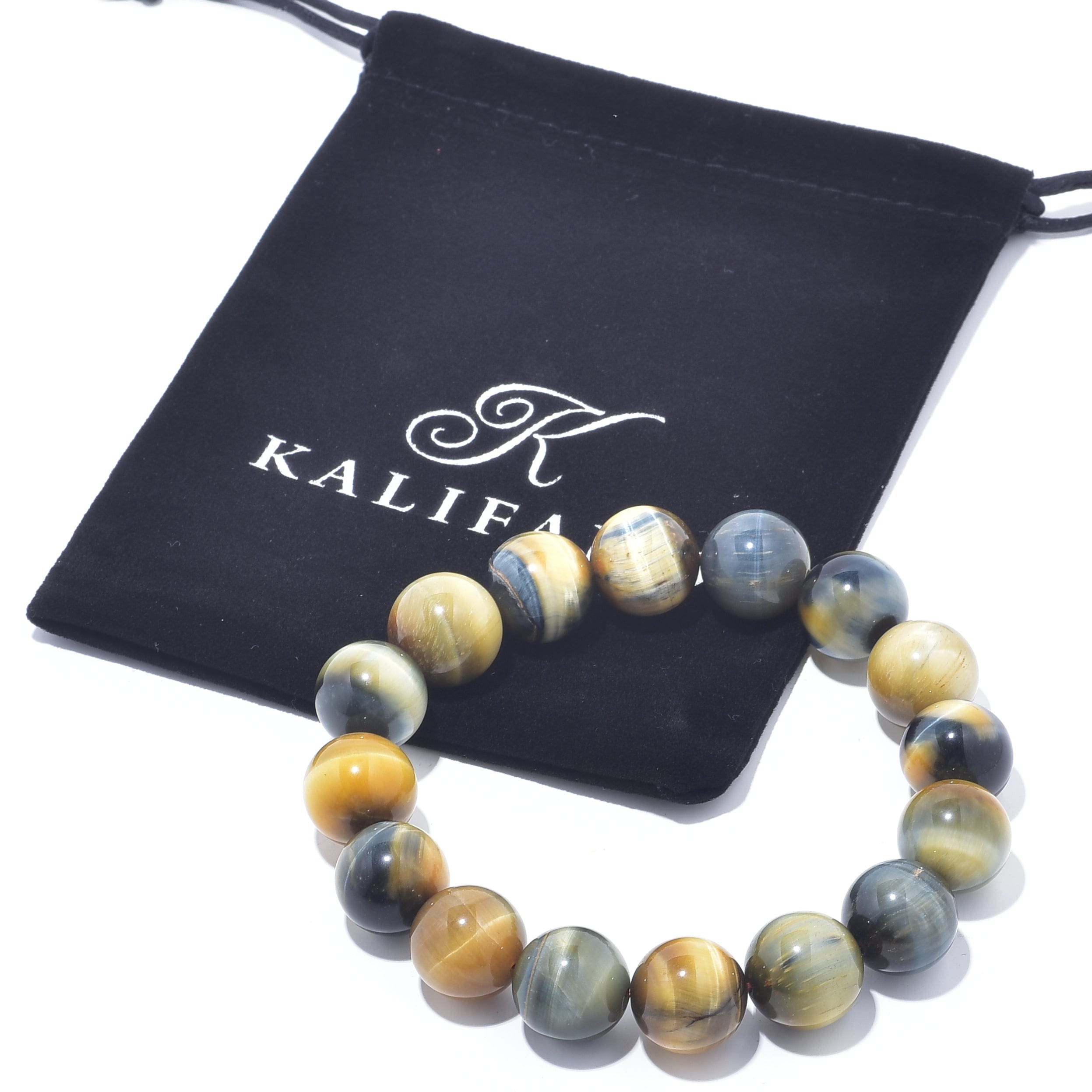 Kalifano Gemstone Bracelets Blue and Yellow Tiger Eye Natural Gemstone Bead Elastic Bracelet BLACK-BGP-032