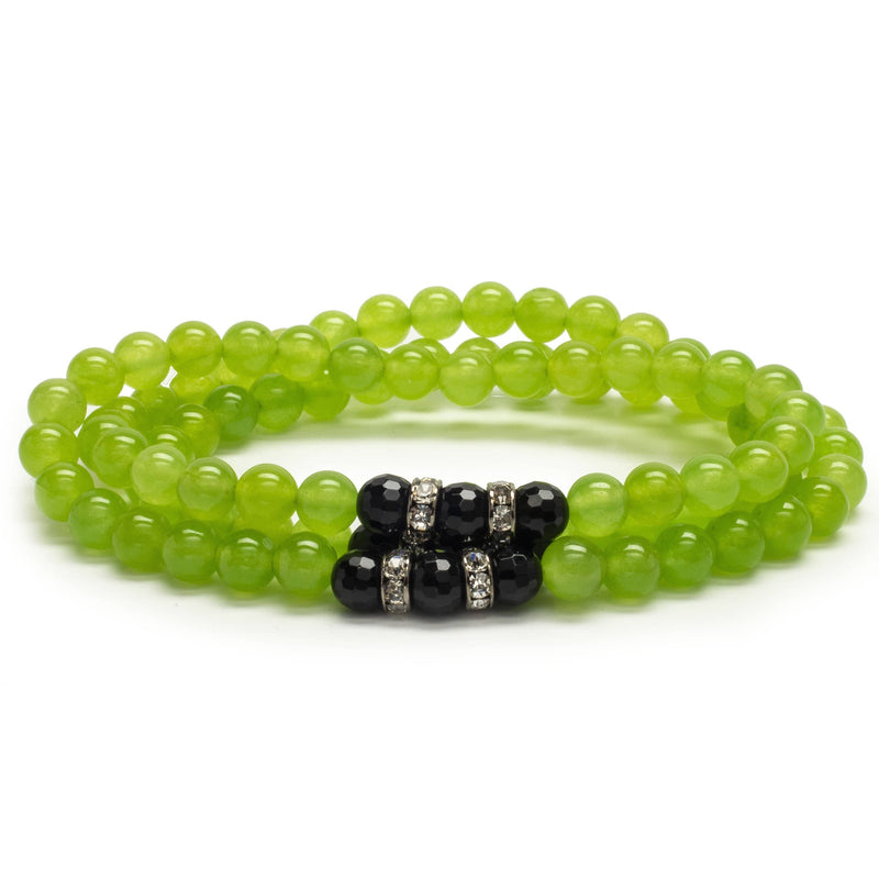 Kalifano Gemstone Bracelets Bright Green Agate 6mm Beads with Black Agate and Crystal Accent Beads Gemstone Triple Wrap Elastic Bracelet WHITE-BGI3-053