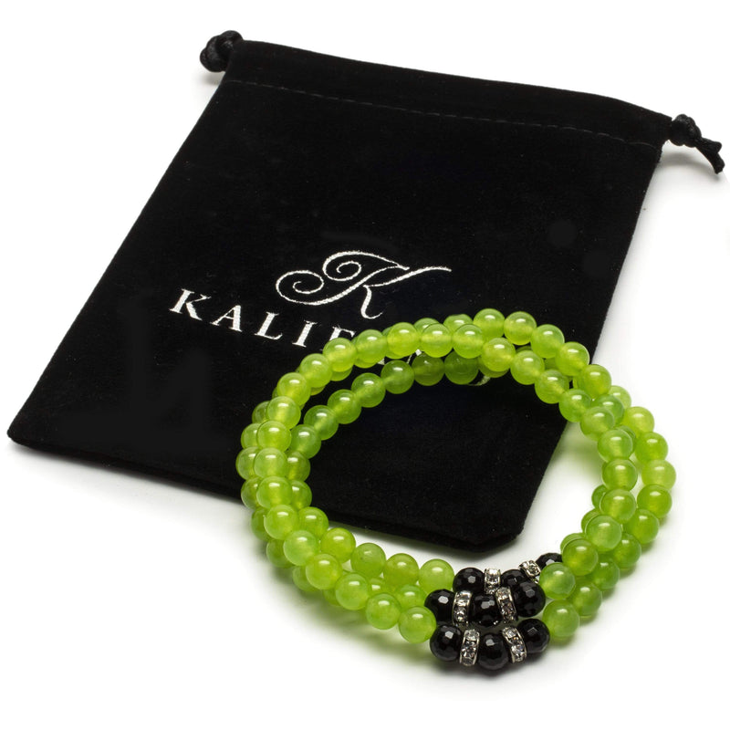Kalifano Gemstone Bracelets Bright Green Agate 6mm Beads with Black Agate and Crystal Accent Beads Gemstone Triple Wrap Elastic Bracelet WHITE-BGI3-053