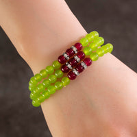 Bright Green Agate 6mm Beads with Black Agate and Crystal Accent Beads Gemstone Triple Wrap Elastic Bracelet Main Image