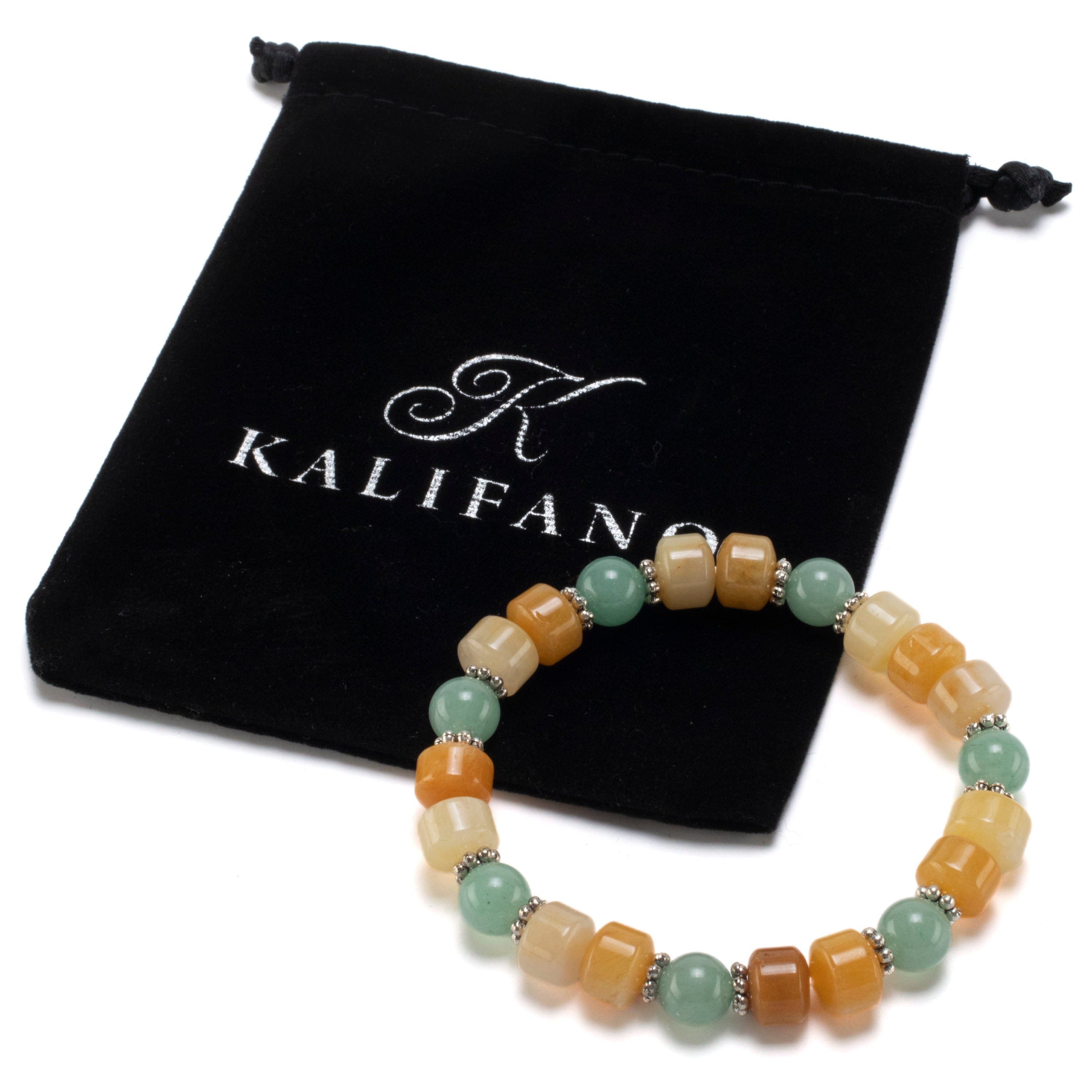 Kalifano Gemstone Bracelets Butter Jade Wheel Shaped Bead and Round Aventurine with Crystal Accent Beads Gemstone Elastic Bracelet BLUE-BGP-017