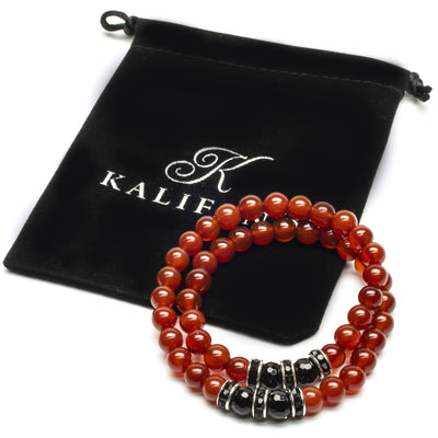 Kalifano Gemstone Bracelets Carnelian 8mm Beads with Black Agate and Black and Silver Accent Beads Double Wrap Elastic Gemstone Bracelet WHITE-BGI2-039