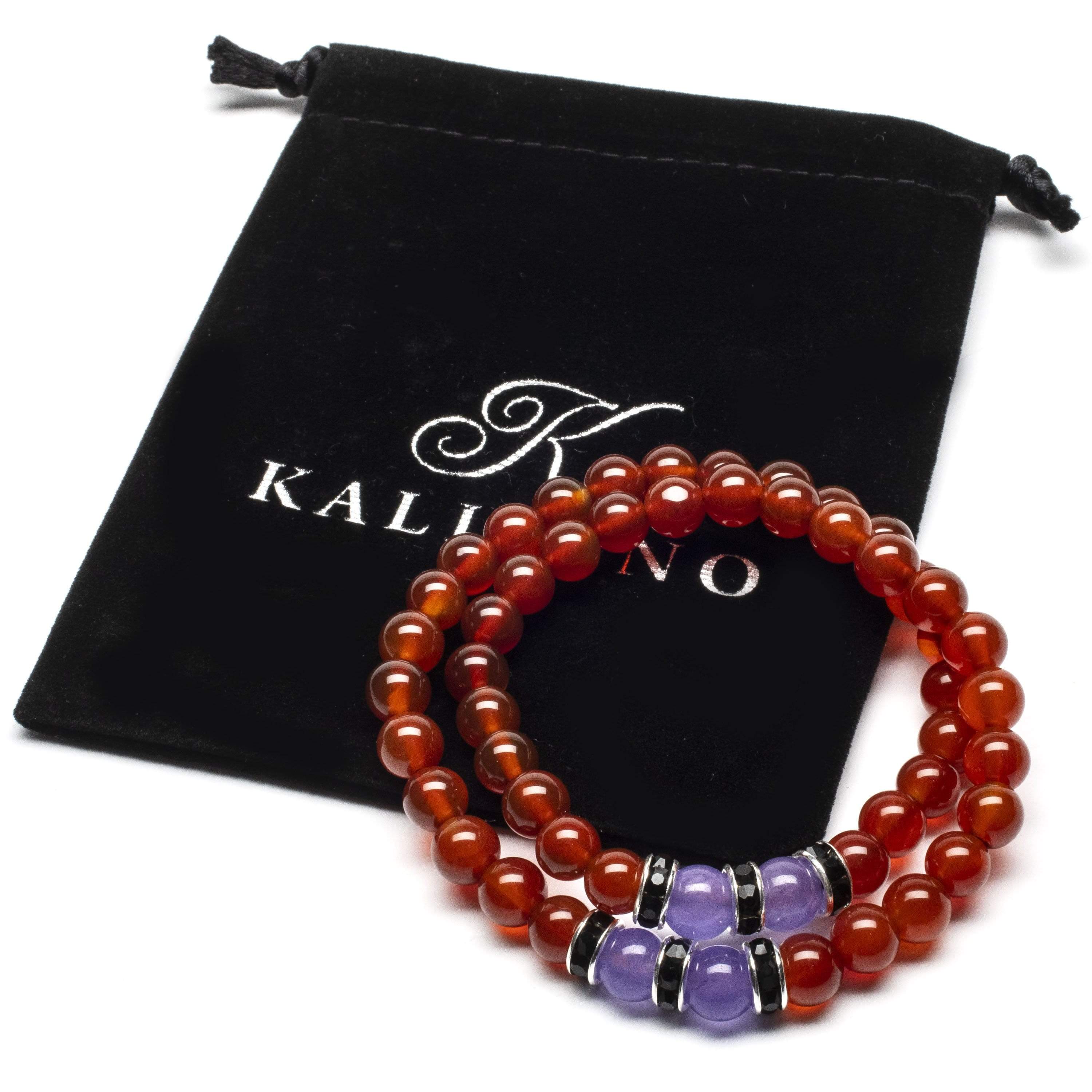 Kalifano Gemstone Bracelets Carnelian 8mm Beads with Purple Agate and Black and Silver Accent Beads Double Wrap Elastic Gemstone Bracelet WHITE-BGI2-040