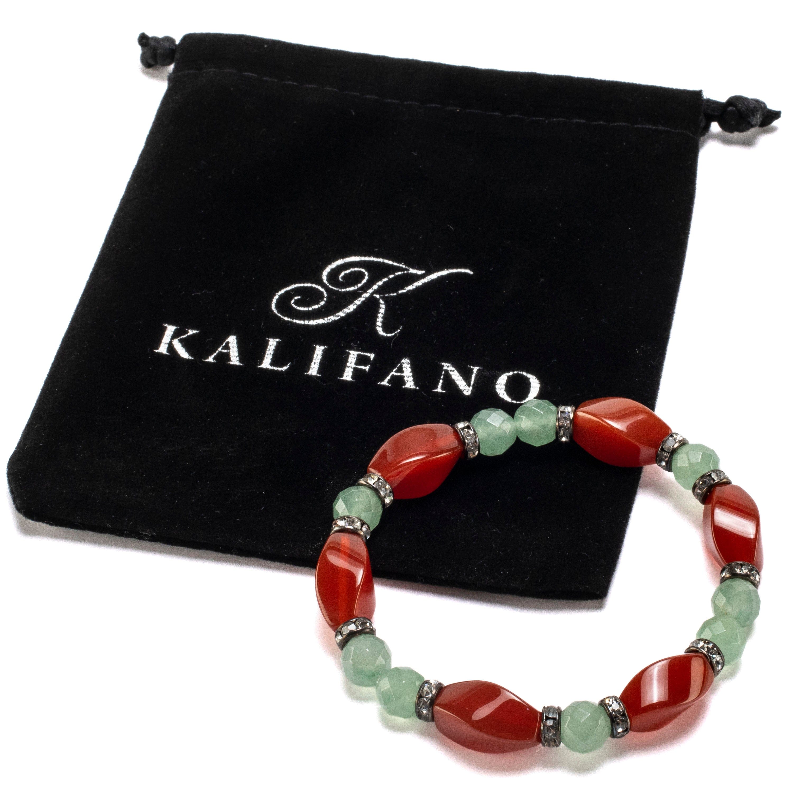 Kalifano Gemstone Bracelets Carnelian Twisted Bead and Round Faceted Aventurine with Crystal Accent Beads Gemstone Elastic Bracelet BLUE-BGP-008