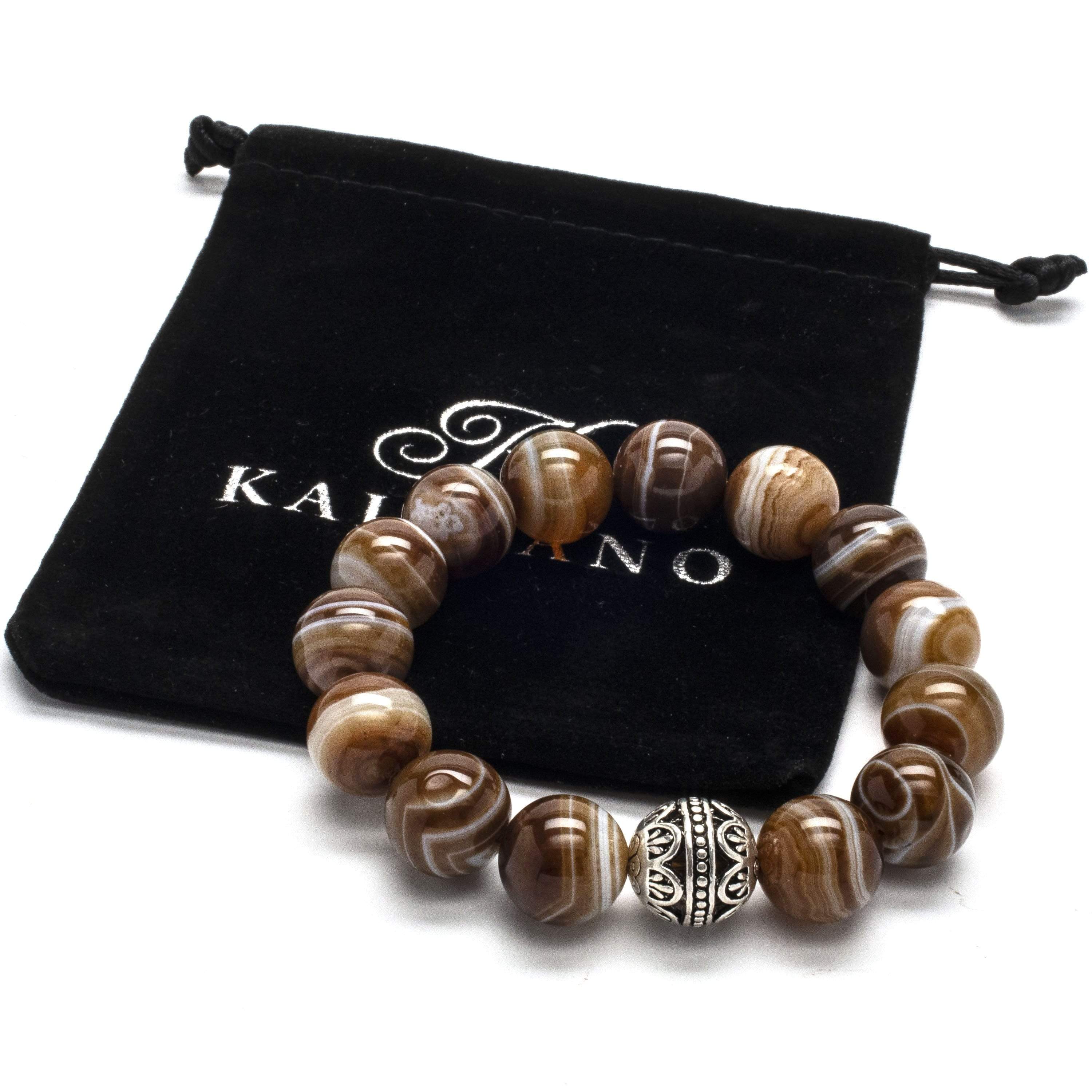 Kalifano Gemstone Bracelets Espresso Agate 14mm Natural Gemstone Bead Elastic Bracelet with Accent Bead PLAT-BGP-009