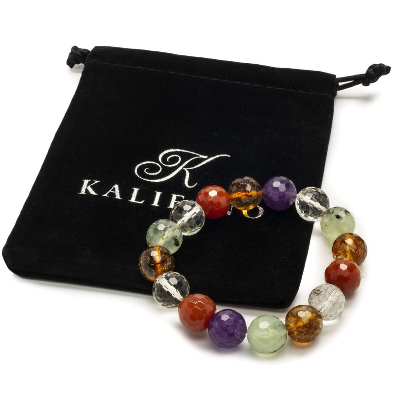 Kalifano Gemstone Bracelets Faceted Amethyst, Carnelian, Peridot, Citrine, and Quartz Natural Gemstone 12mm Bead Elastic Bracelet BLACK-BGP-010