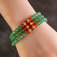 Faceted Aventurine 6mm Beads with Carnelian and Gold Crystal Accent Beads Triple Wrap Elastic Gemstone Bracelet Main Image