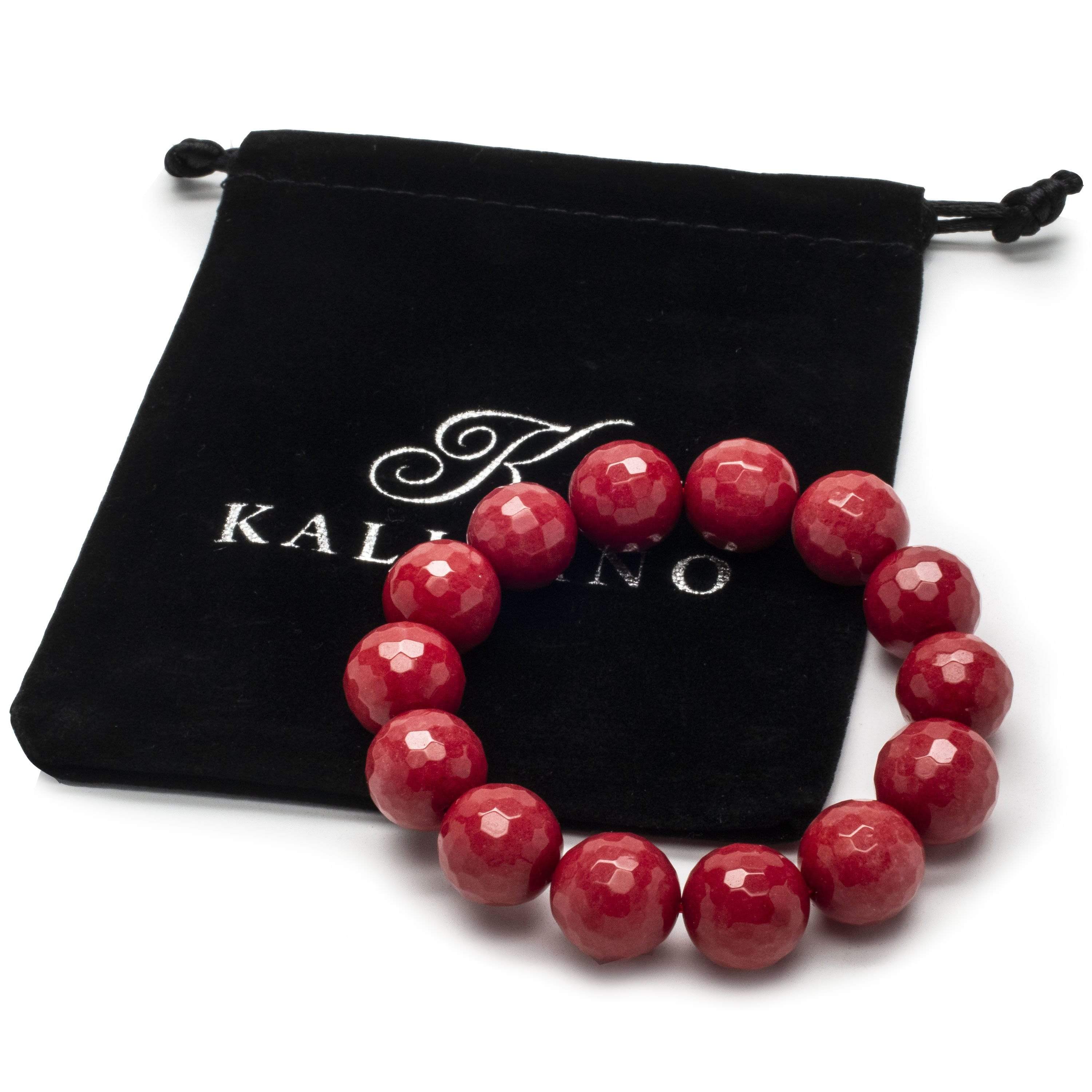 Kalifano Gemstone Bracelets Faceted Berry Color Enhanced Jade 14mm Gemstone Bead Elastic Bracelet RED-BGP-042