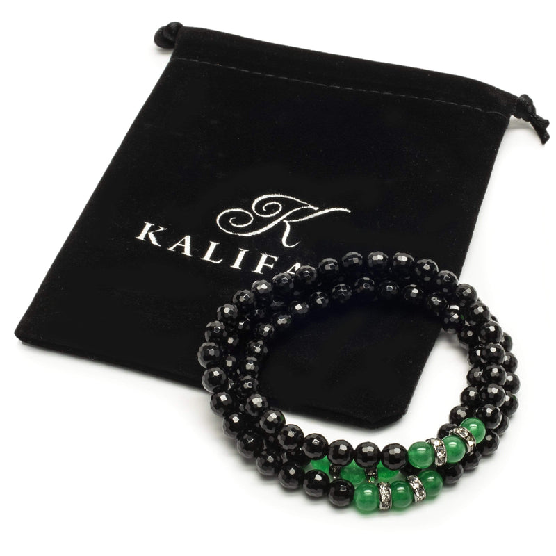 Kalifano Gemstone Bracelets Faceted Black Agate 6mm Beads with Aventurine and Crystal Accent Beads Triple Wrap Elastic Gemstone Bracelet WHITE-BGI3-041
