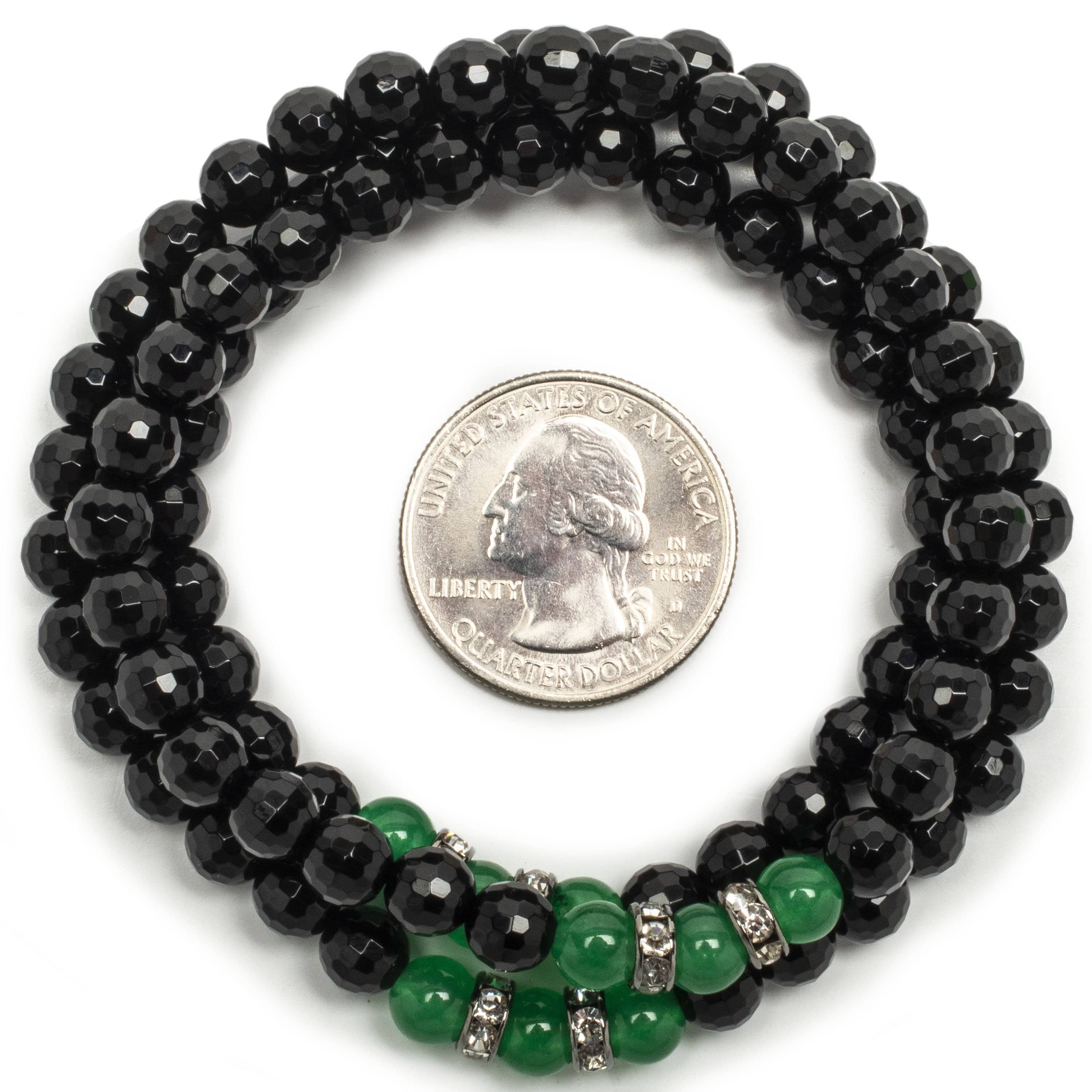 Kalifano Gemstone Bracelets Faceted Black Agate 6mm Beads with Aventurine and Crystal Accent Beads Triple Wrap Elastic Gemstone Bracelet WHITE-BGI3-041