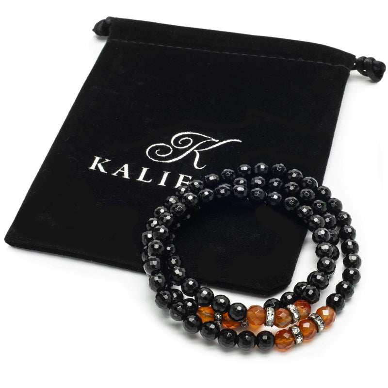 Kalifano Gemstone Bracelets Faceted Black Agate 6mm Beads with Carnelian and Crystal Accent Beads Triple Wrap Elastic Gemstone Bracelet WHITE-BGI3-058