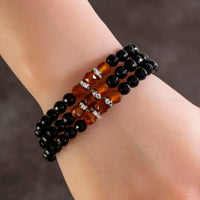 Faceted Black Agate 6mm Beads with Carnelian and Crystal Accent Beads Triple Wrap Elastic Gemstone Bracelet Main Image