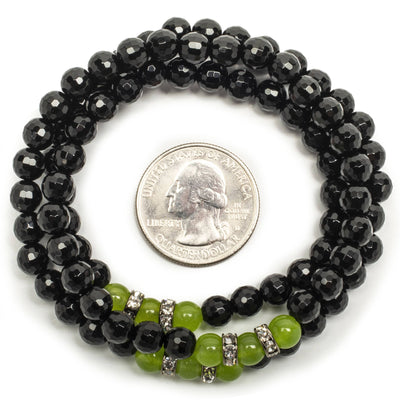 Kalifano Gemstone Bracelets Faceted Black Agate 6mm Beads with Green Agate and Crystal Accent Beads Triple Wrap Elastic Gemstone Bracelet WHITE-BGI3-042