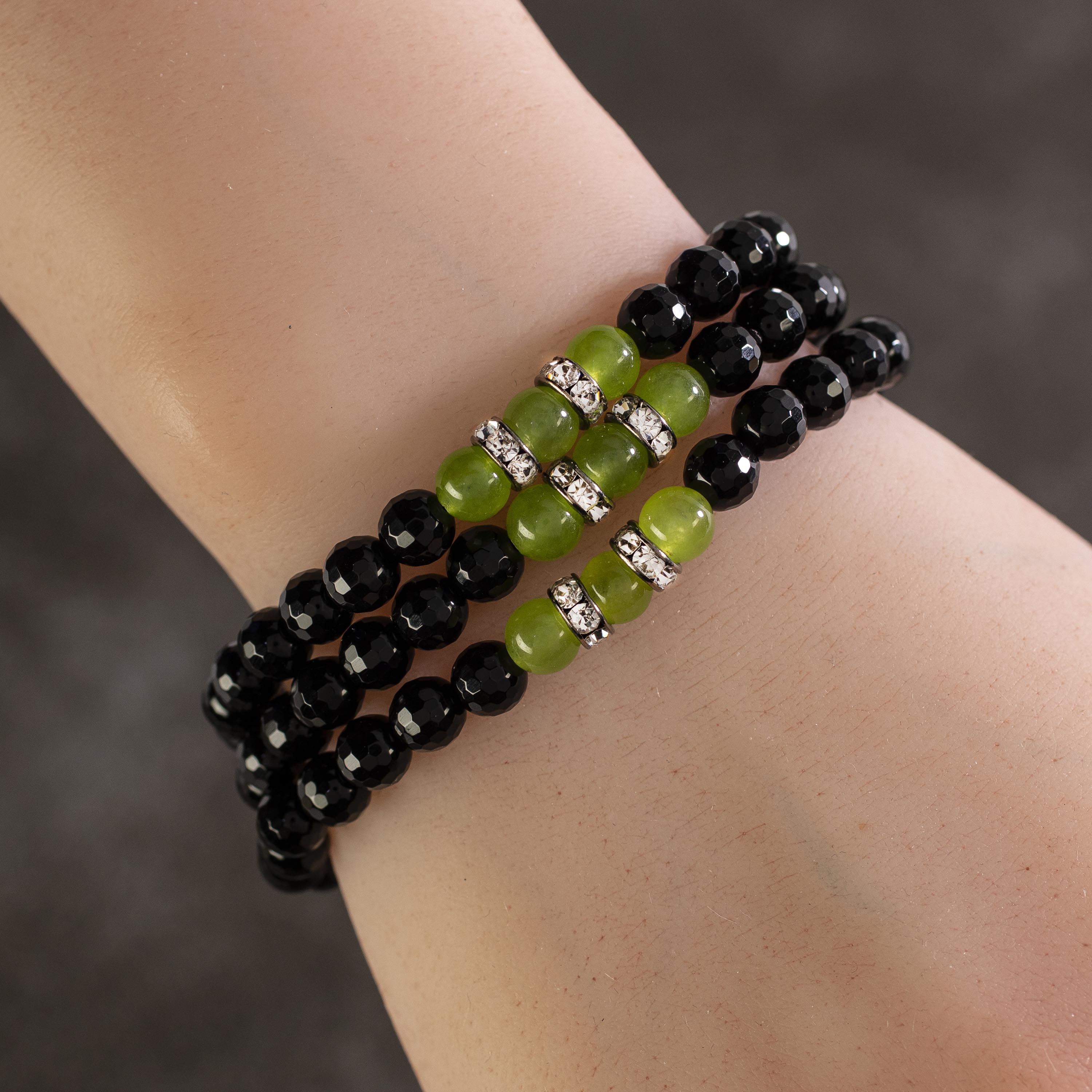 Faceted Black Agate 6mm Beads with Green Agate and Crystal Accent Beads Triple Wrap Elastic Gemstone Bracelet