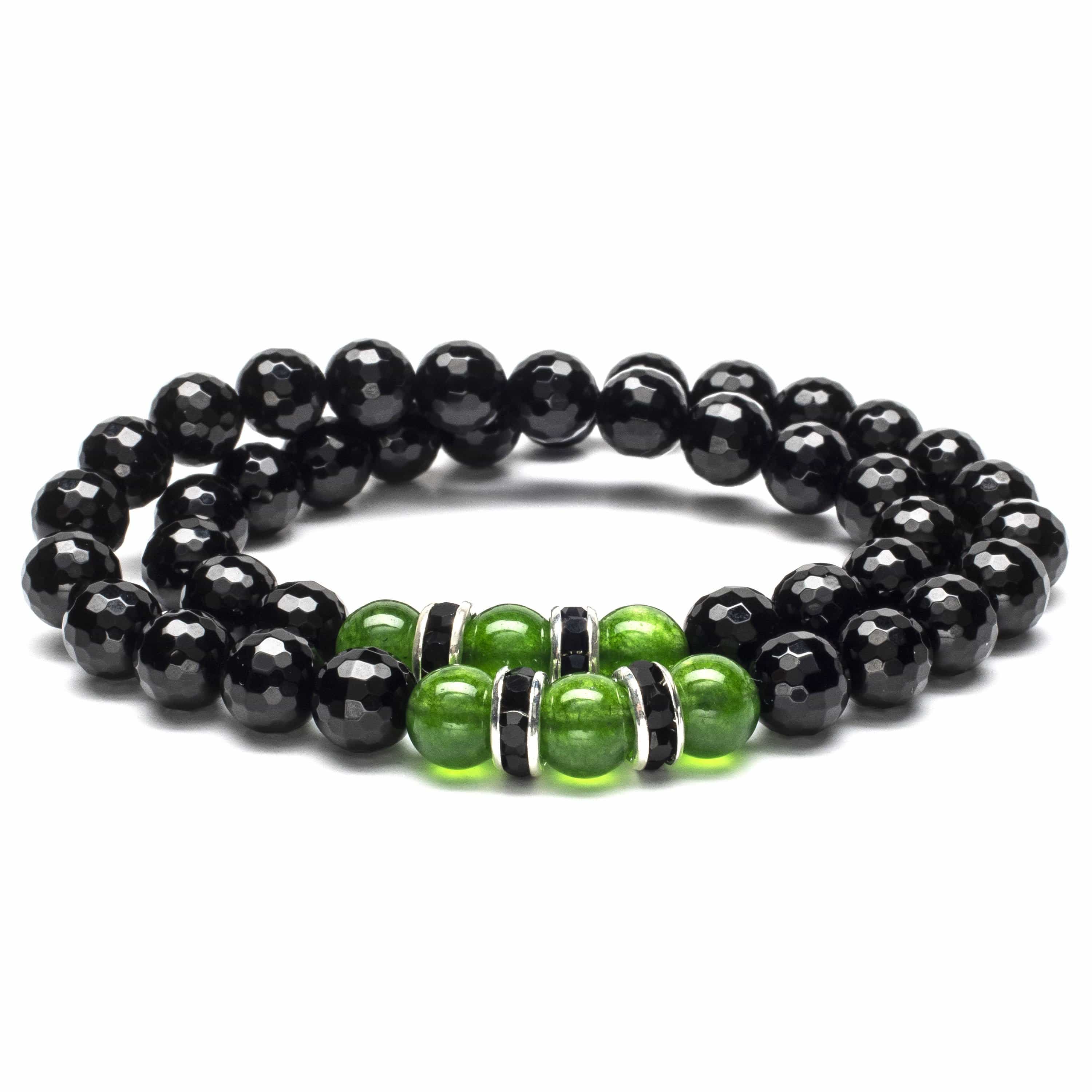 Kalifano Gemstone Bracelets Faceted Black Agate 8mm Beads with Aventurine and and Black and Silver Accent Beads Double Wrap Elastic Gemstone Bracelet WHITE-BGI2-037