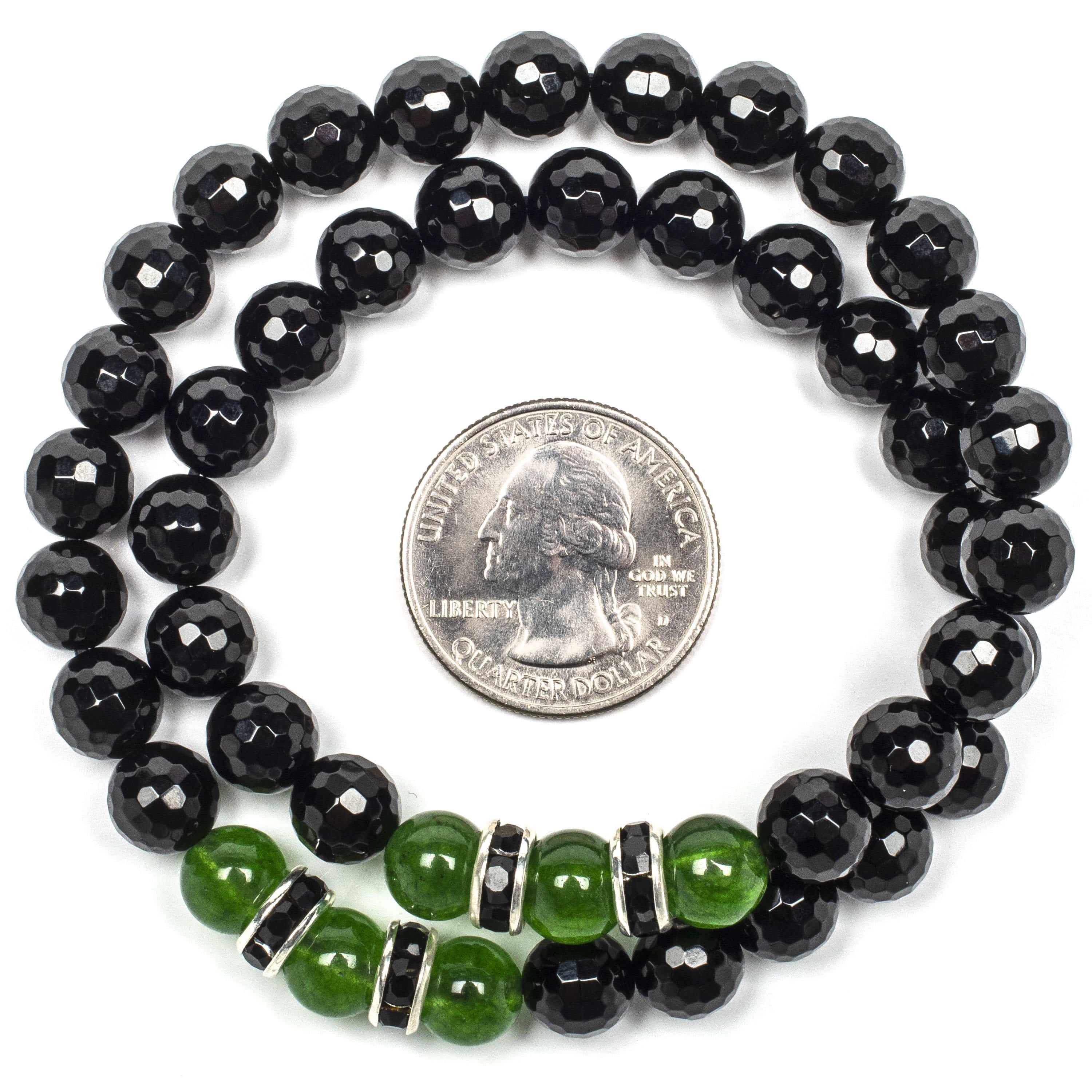 Kalifano Gemstone Bracelets Faceted Black Agate 8mm Beads with Aventurine and and Black and Silver Accent Beads Double Wrap Elastic Gemstone Bracelet WHITE-BGI2-037