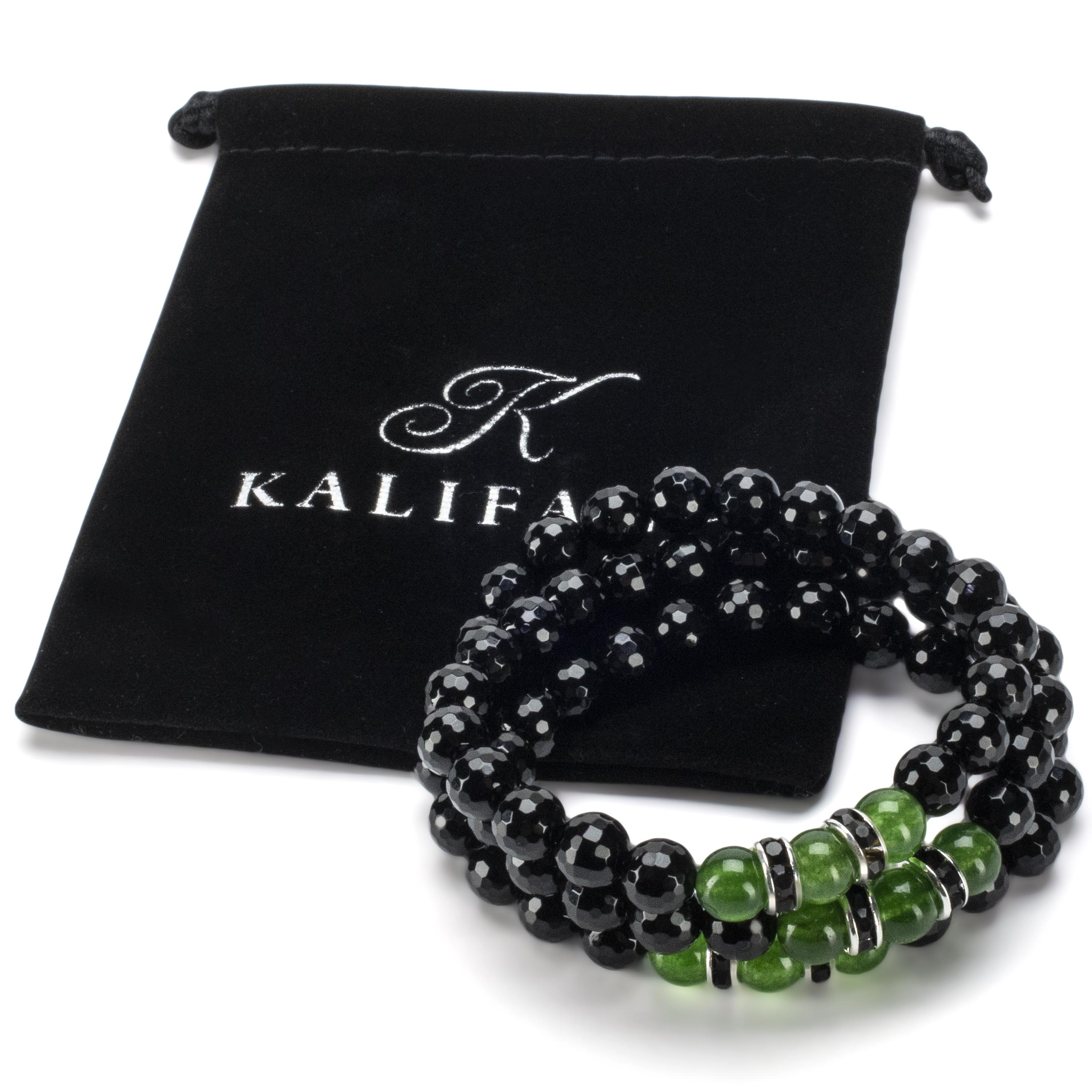 Kalifano Gemstone Bracelets Faceted Black Agate 8mm Beads with Aventurine and Black & Silver Accent Beads Triple Wrap Elastic Gemstone Bracelet WHITE-BGI3-070
