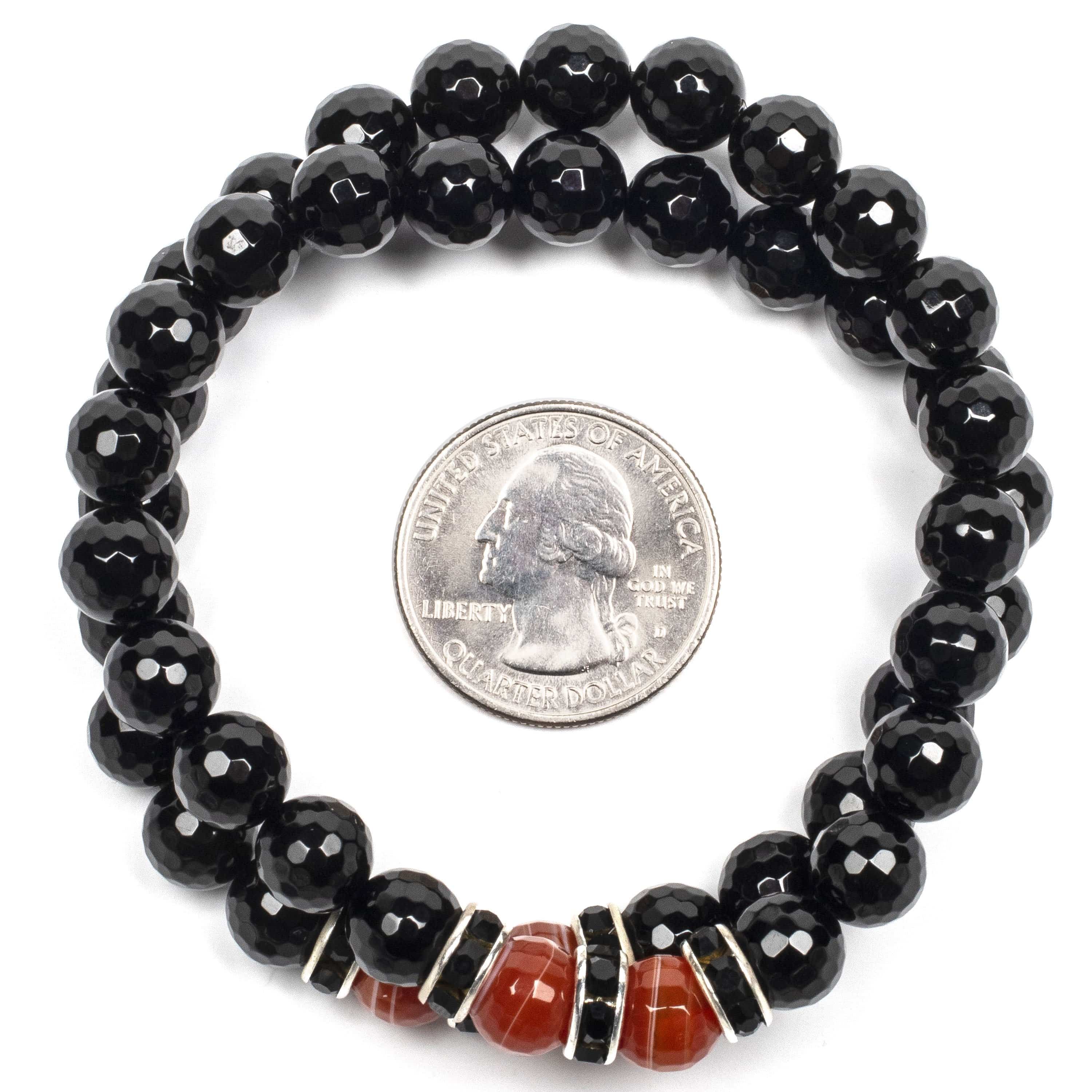 Kalifano Gemstone Bracelets Faceted Black Agate 8mm Beads with Carnelian and Black & Silver Accent Beads Double Wrap Elastic Gemstone Bracelet WHITE-BGI2-007