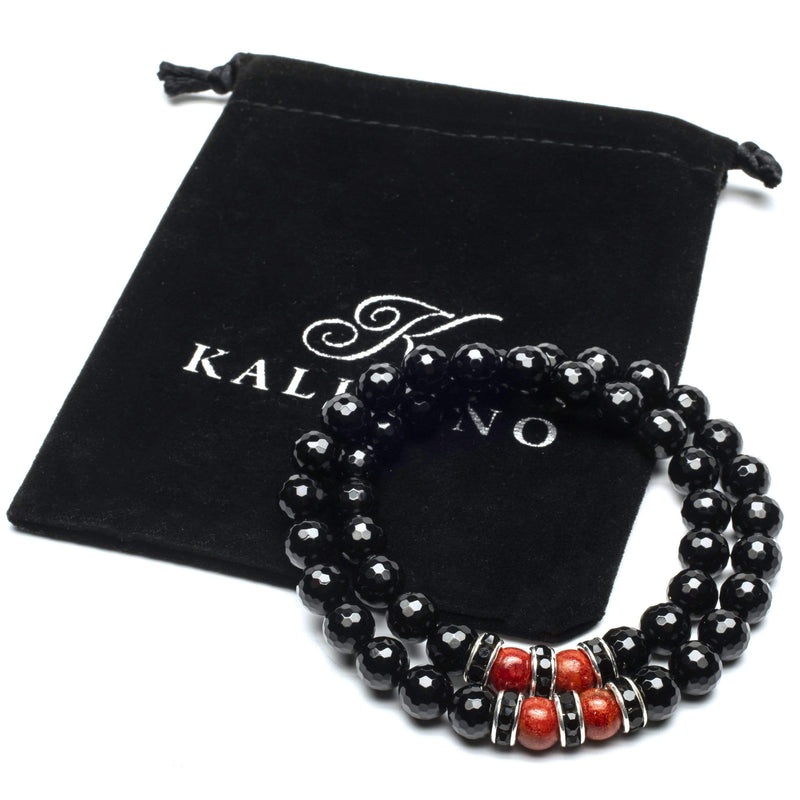 Kalifano Gemstone Bracelets Faceted Black Agate 8mm Beads with Carnelian and Black & Silver Accent Beads Double Wrap Elastic Gemstone Bracelet WHITE-BGI2-010