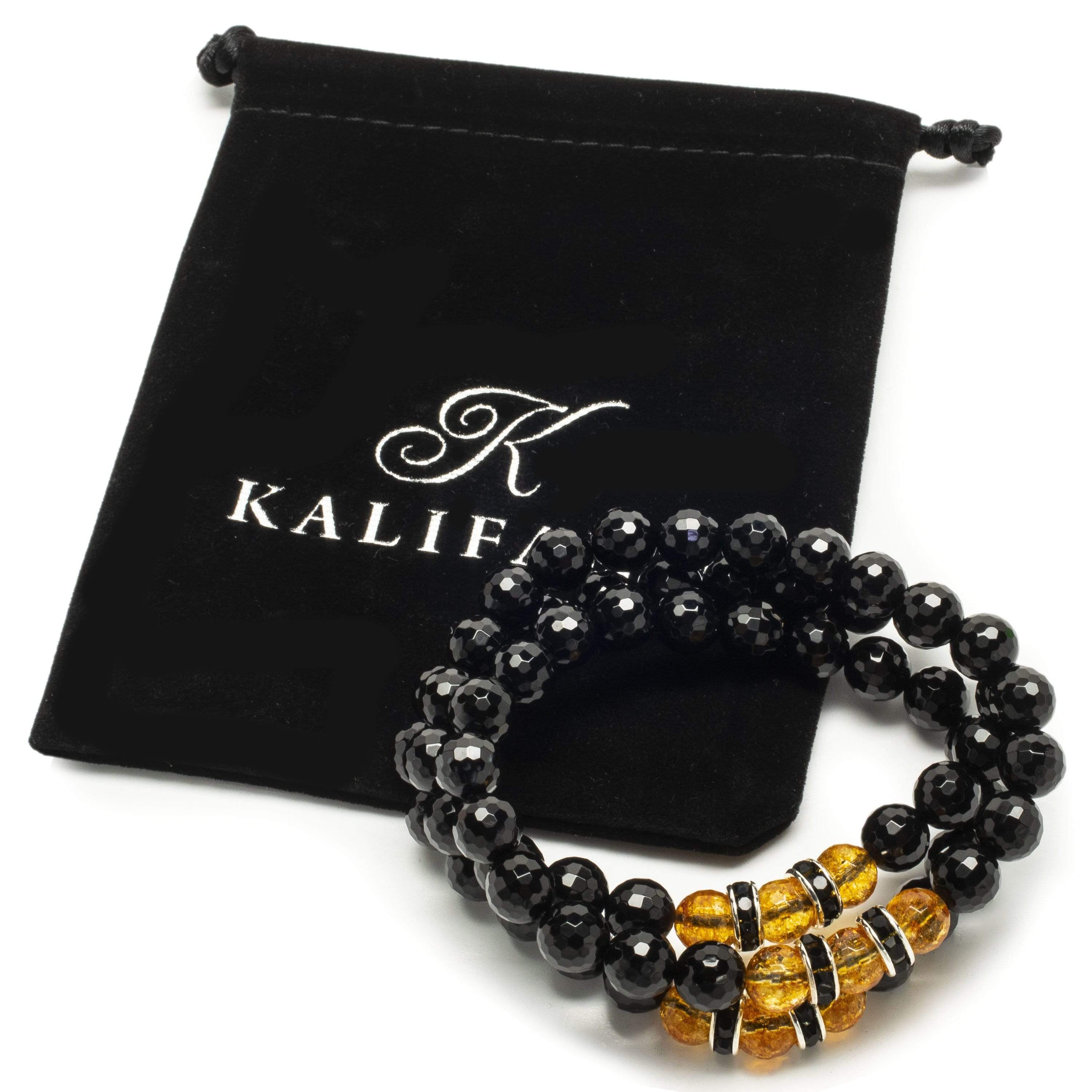 Kalifano Gemstone Bracelets Faceted Black Agate 8mm Beads with Citrine and Black & Silver Accent Beads Triple Wrap Elastic Gemstone Bracelet WHITE-BGI3-059