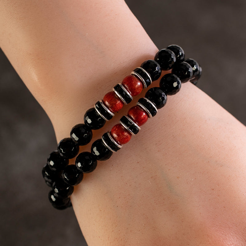 Kalifano Gemstone Bracelets Faceted Black Agate 8mm Beads with Coral and Black & Silver Accent Beads Double Wrap Elastic Gemstone Bracelet WHITE-BGI2-010