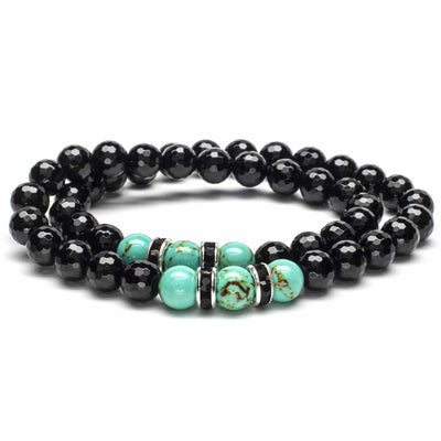 Kalifano Gemstone Bracelets Faceted Black Agate 8mm Beads  with Howlite Turquoise and Black and Silver Accent Beads Double Wrap Elastic Gemstone Bracelet WHITE-BGI2-038