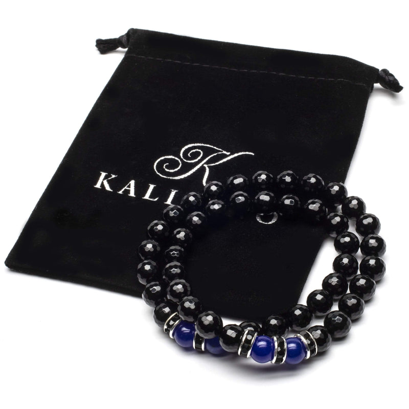 Kalifano Gemstone Bracelets Faceted Black Agate 8mm Beads with Lapis and Black & Silver Accent Beads Double Wrap Elastic Gemstone Bracelet WHITE-BGI2-002