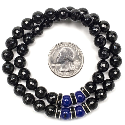 Kalifano Gemstone Bracelets Faceted Black Agate 8mm Beads with Lapis and Black & Silver Accent Beads Double Wrap Elastic Gemstone Bracelet WHITE-BGI2-002
