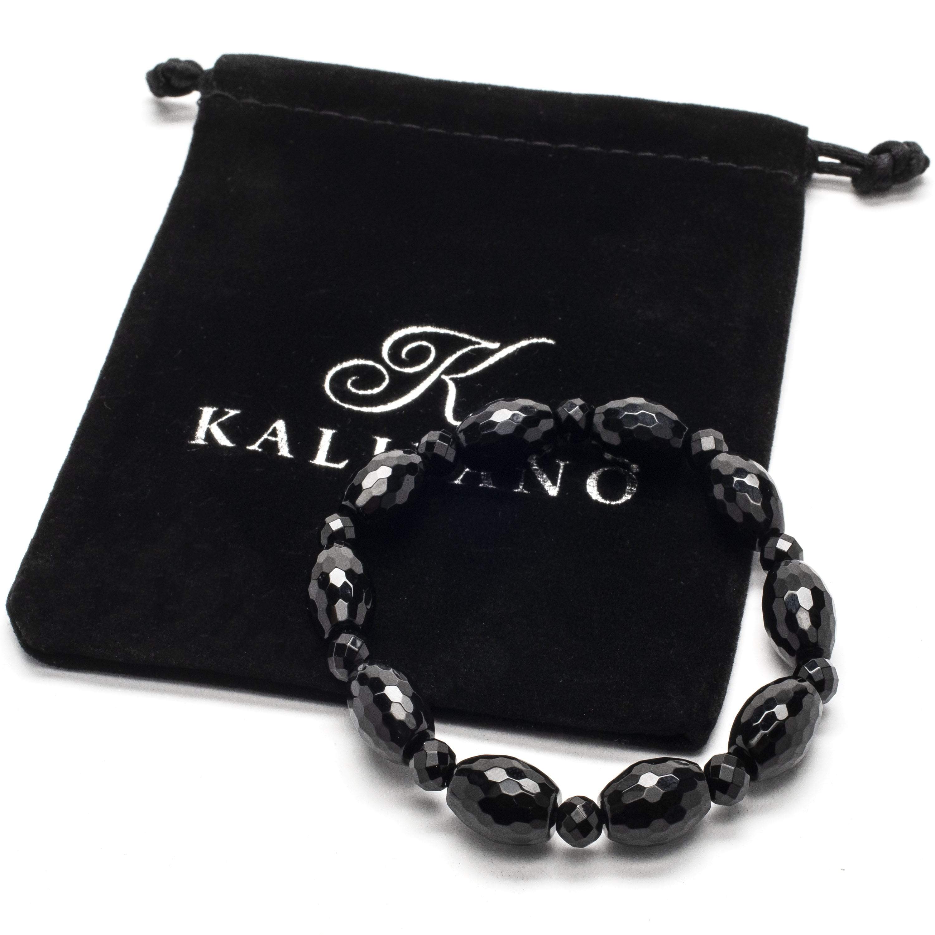Kalifano Gemstone Bracelets Faceted Black Agate and Oval Gemstone Elastic Bracelet WHITE-BGP-032