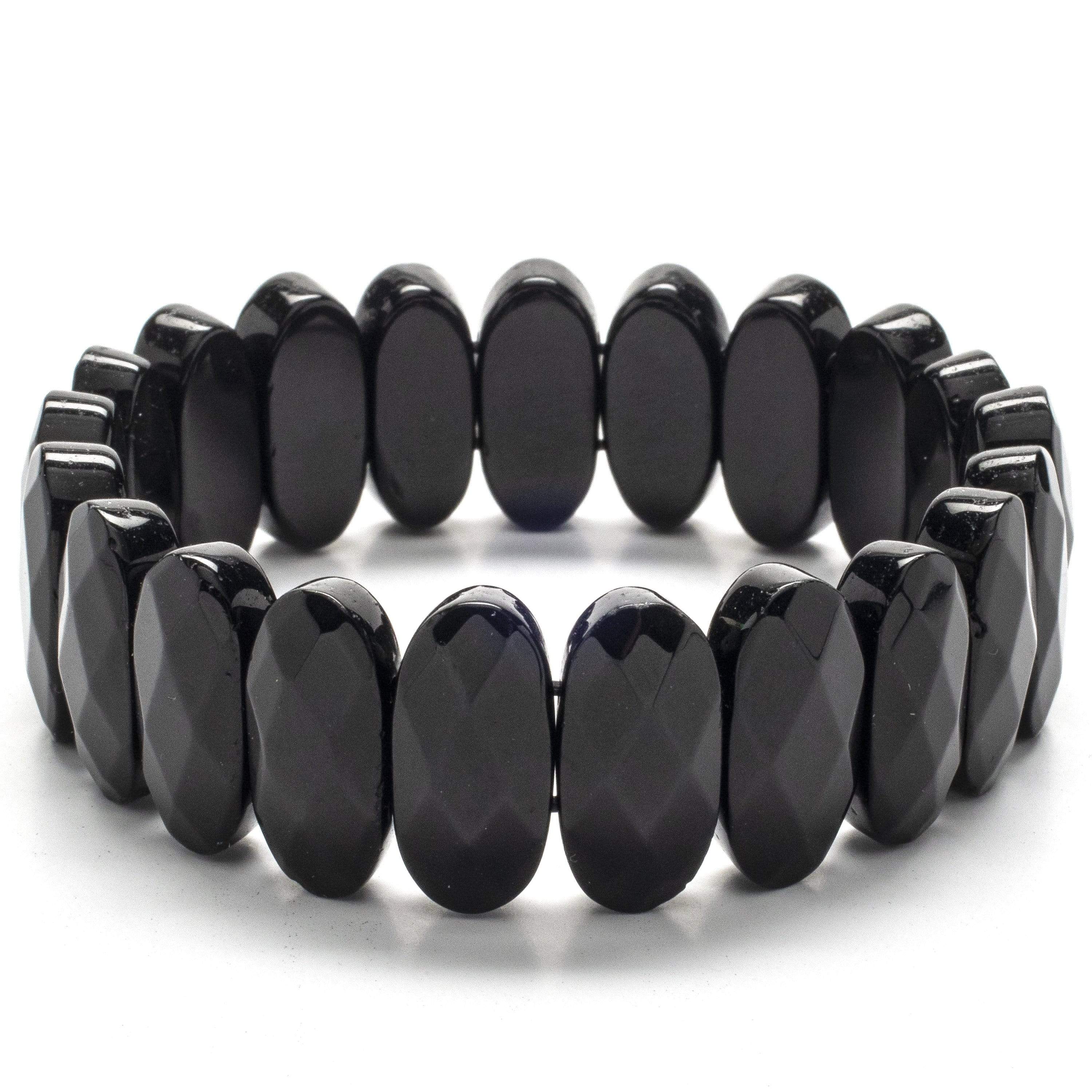 Kalifano Gemstone Bracelets Faceted Black Agate Elastic Bracelet WHITE-BGP-026