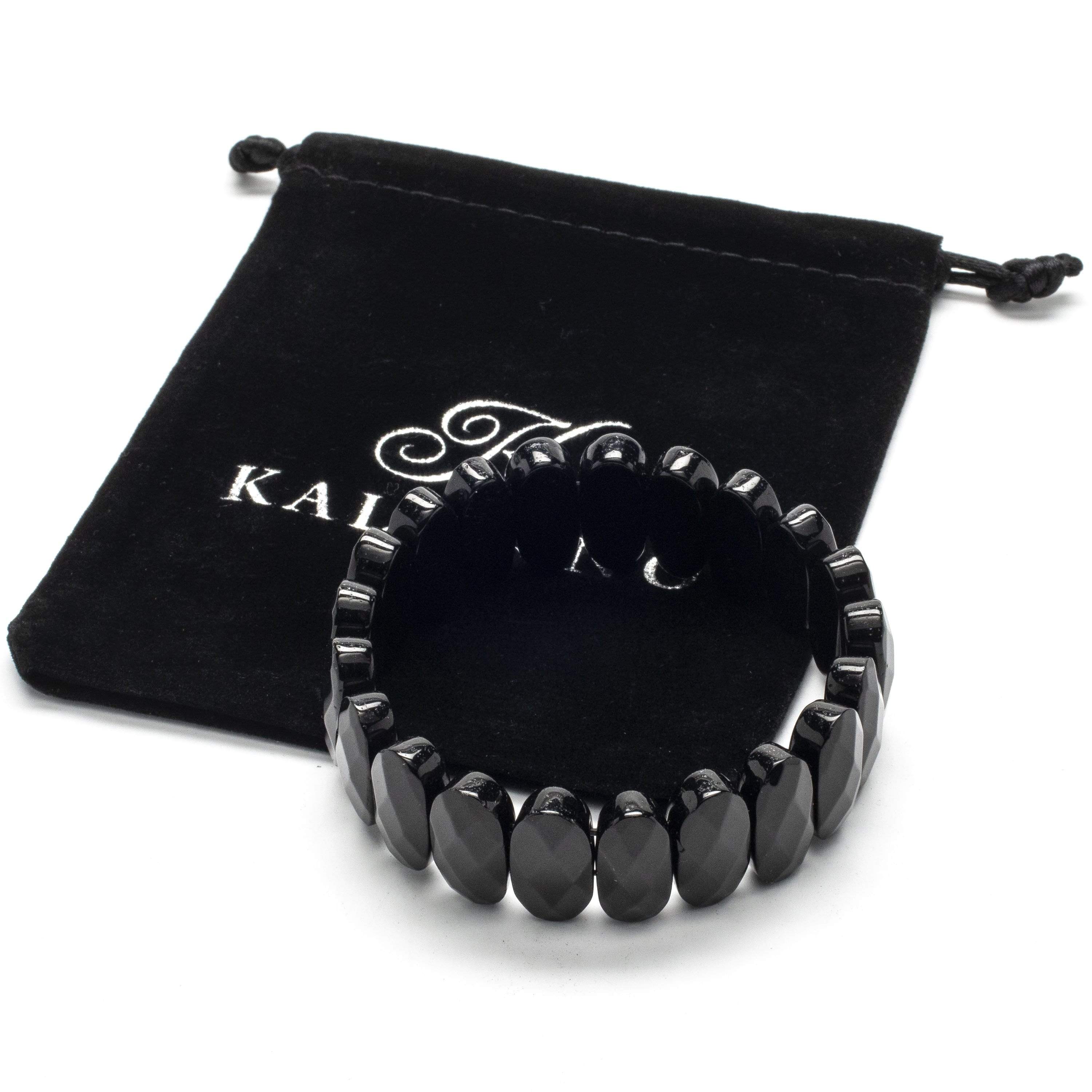 Kalifano Gemstone Bracelets Faceted Black Agate Elastic Bracelet WHITE-BGP-026