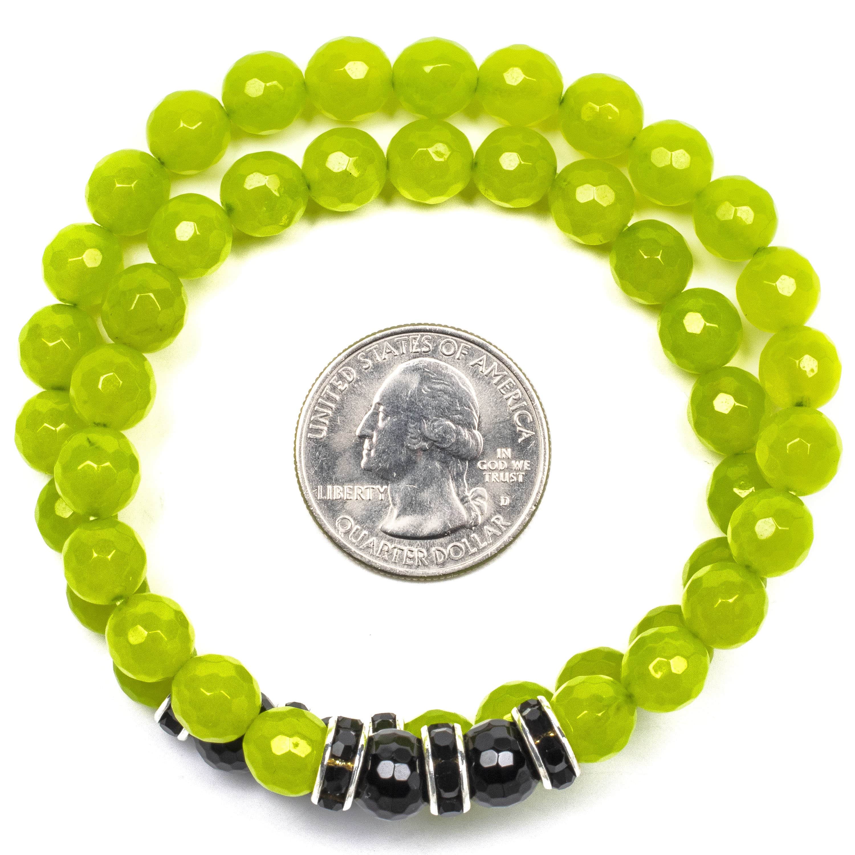 Kalifano Gemstone Bracelets Faceted Bright Green Agate 8mm Beads with Black Agate and Black and Silver Accent Beads Double Wrap Elastic Gemstone Bracelet WHITE-BGI2-019