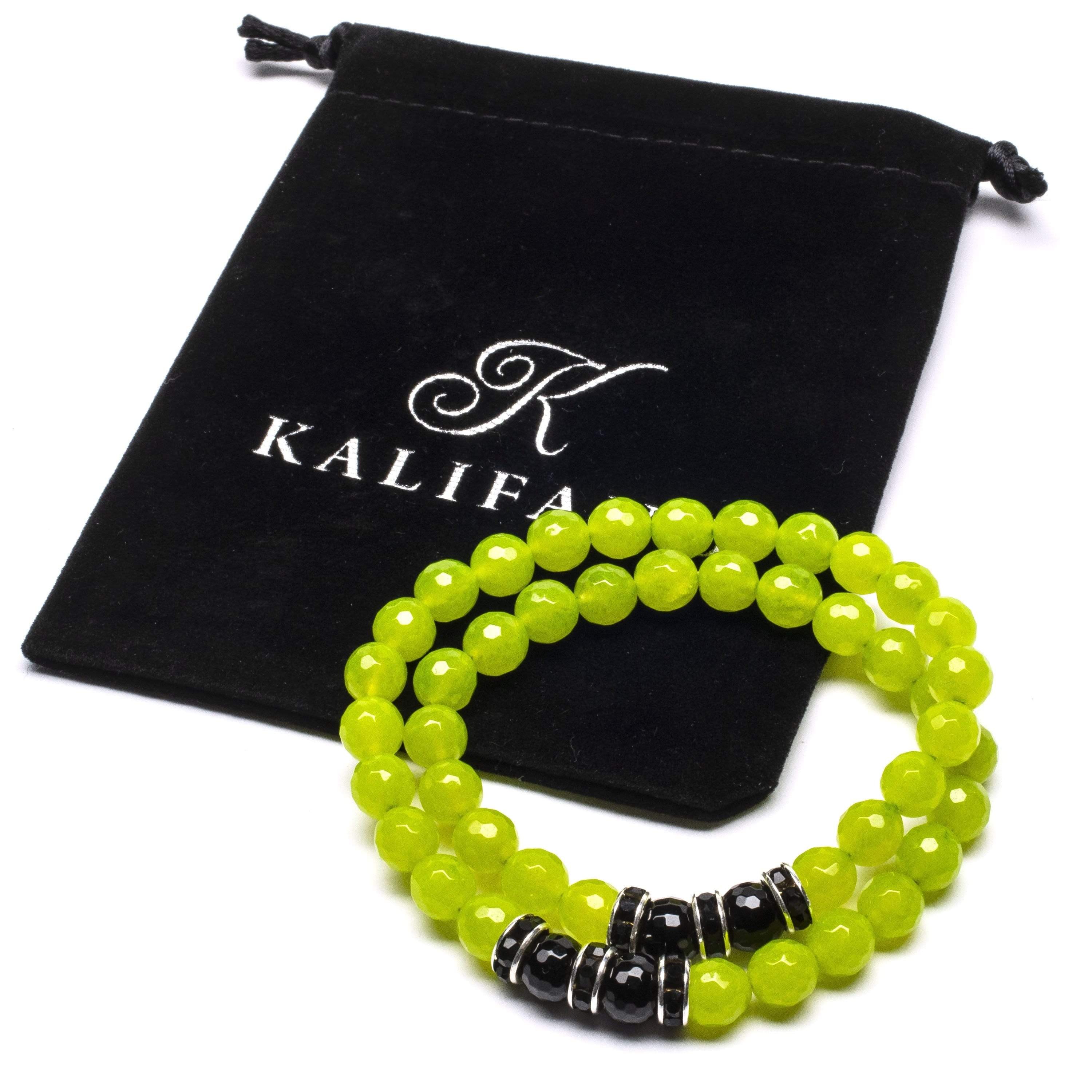 Kalifano Gemstone Bracelets Faceted Bright Green Agate 8mm Beads with Black Agate and Black and Silver Accent Beads Double Wrap Elastic Gemstone Bracelet WHITE-BGI2-019