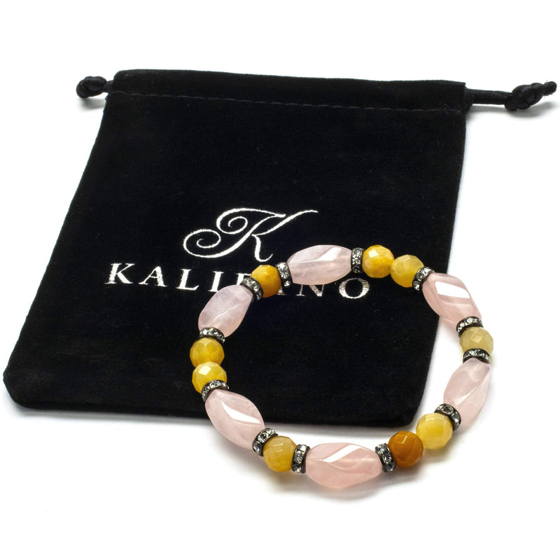 Kalifano Gemstone Bracelets Faceted Butter Jade and Rose Quartz Gemstone Elastic Braceletwith Crystal Accent Beads WHITE-BGP-023
