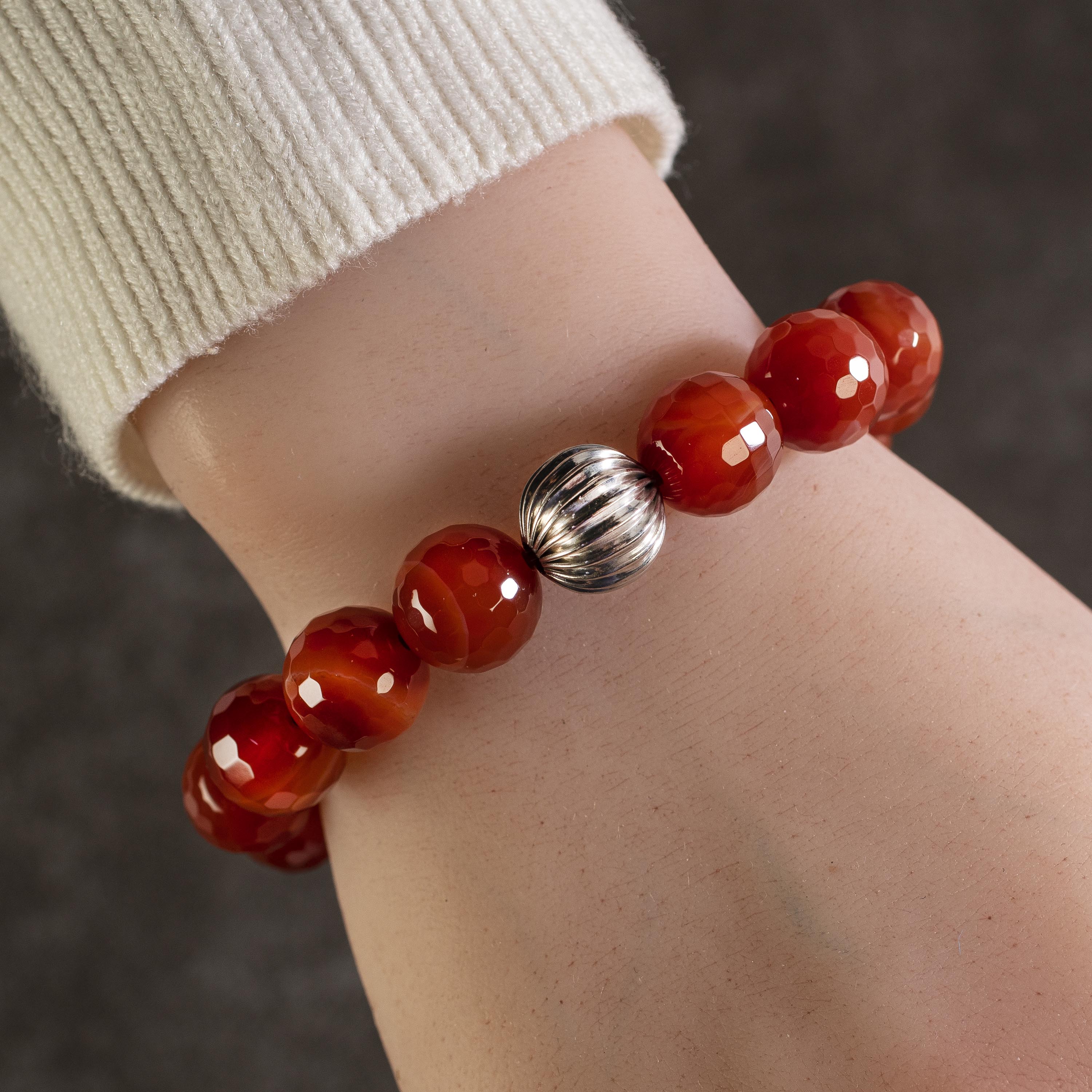 Kalifano Gemstone Bracelets Faceted Carnelian 12mm Natural Gemstone Bead Elastic Bracelet with Silver Accent Bead PLAT-BGP-014