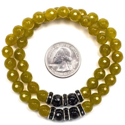 Kalifano Gemstone Bracelets Faceted Green Agate 8mm Beads with Black Agate and Black and Silver Accent Beads Double Wrap Elastic Gemstone Bracelet WHITE-BGI2-025