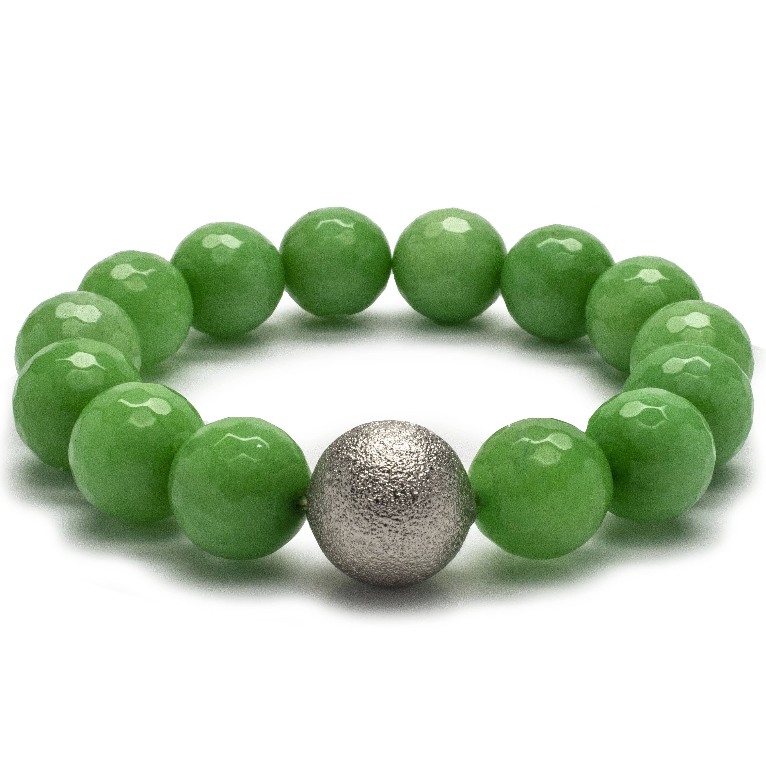 Kalifano Gemstone Bracelets Faceted Green Color Enhanced Jade with Silver Accent Bead Gemstone Elastic Bracelet RED-BGP-035