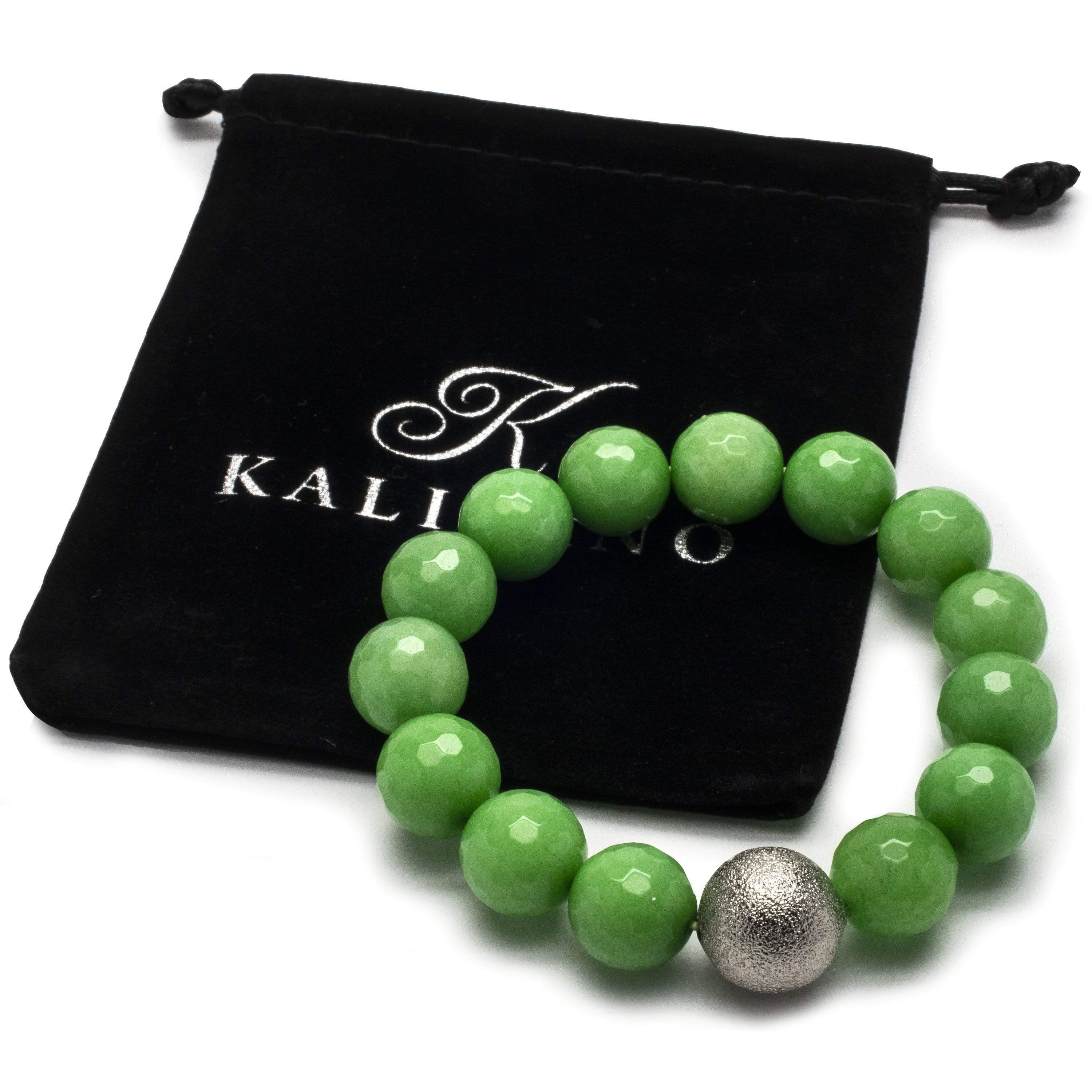 Kalifano Gemstone Bracelets Faceted Green Color Enhanced Jade with Silver Accent Bead Gemstone Elastic Bracelet RED-BGP-035