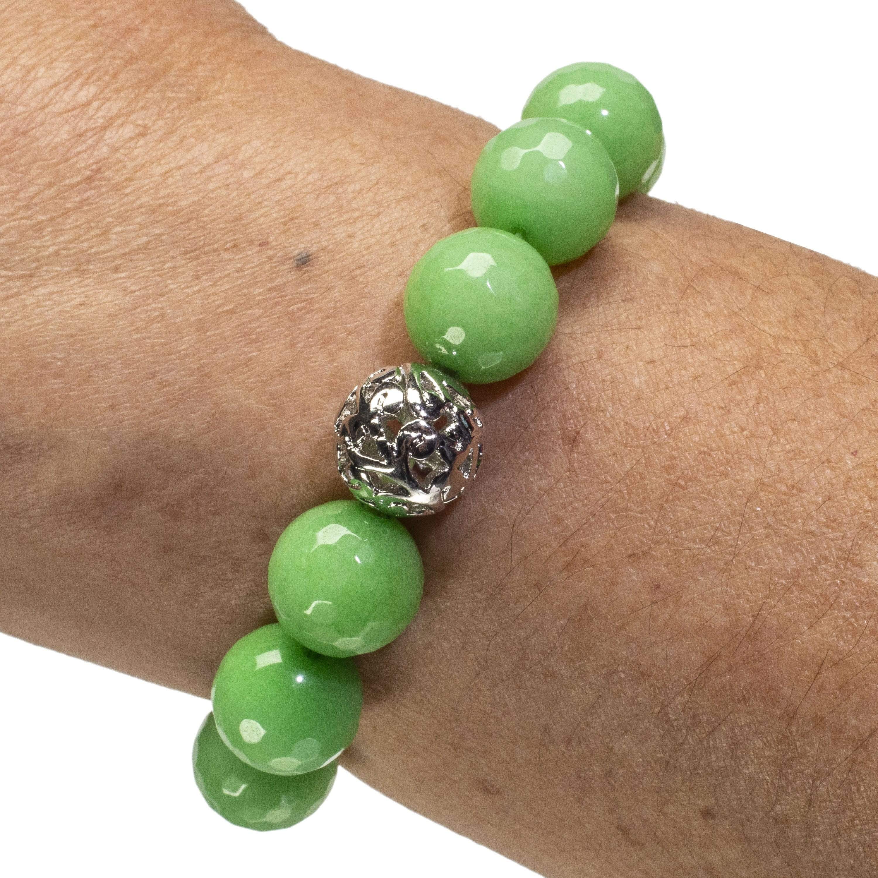 Kalifano Gemstone Bracelets Faceted Green Color Enhanced Jade with Silver Accent Bead Gemstone Elastic Bracelet RED-BGP-041