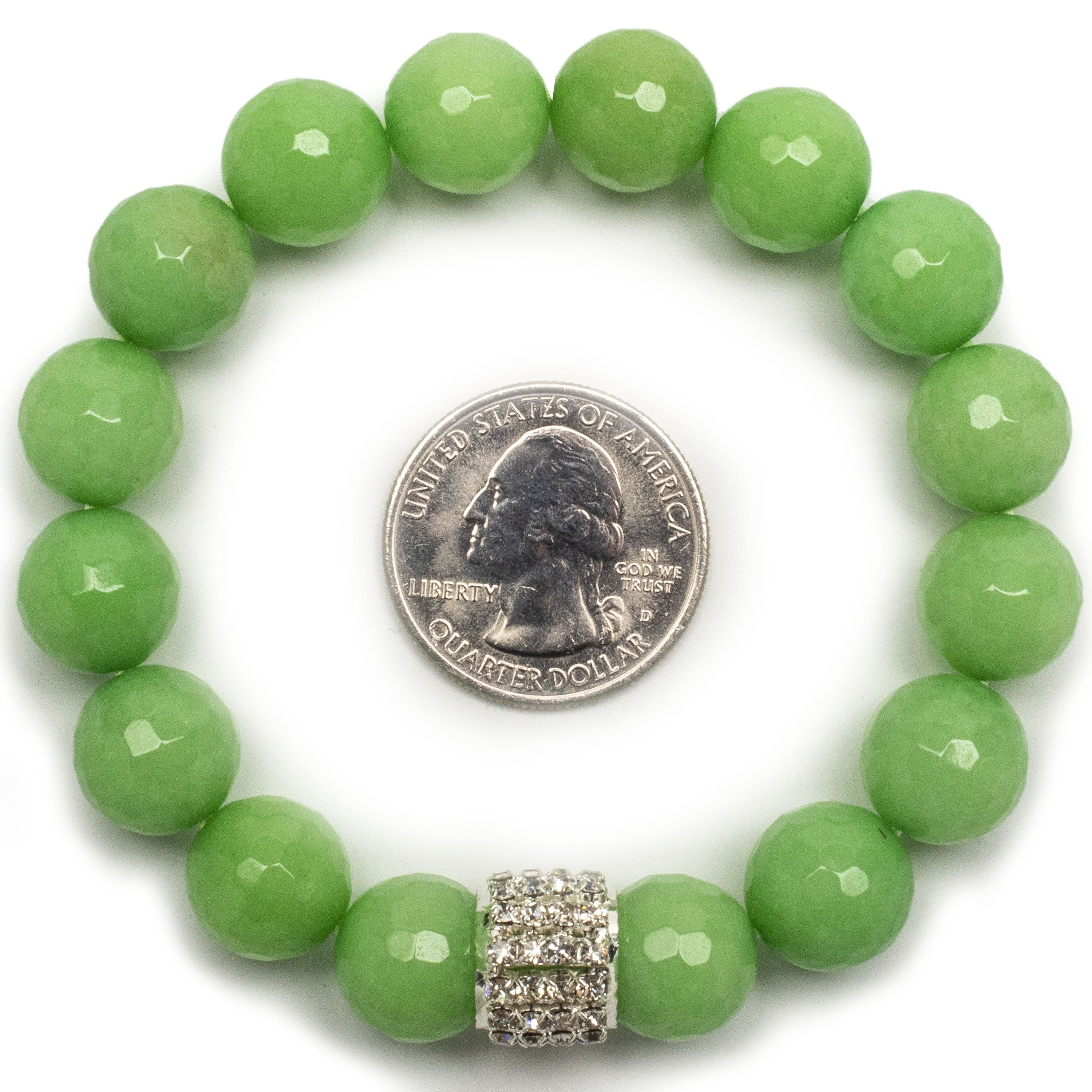 Kalifano Gemstone Bracelets Faceted Green Color Enhanced Jade with Silver Crystal Accent Bead Gemstone Elastic Bracelet RED-BGP-038
