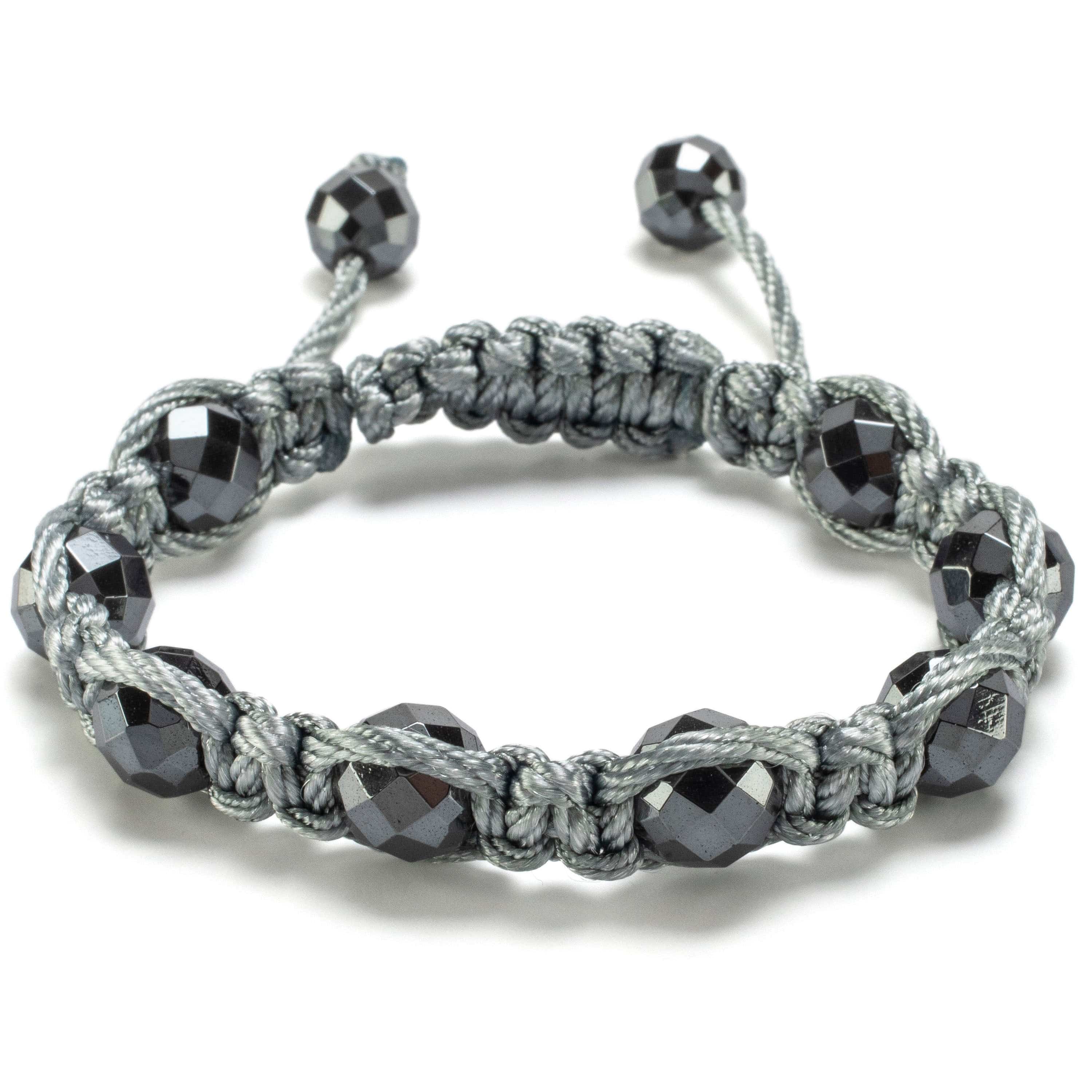 Kalifano Gemstone Bracelets Faceted Hematite 10mm Beads Grey Rope Adjustable Bracelet BLUE-BGP-048