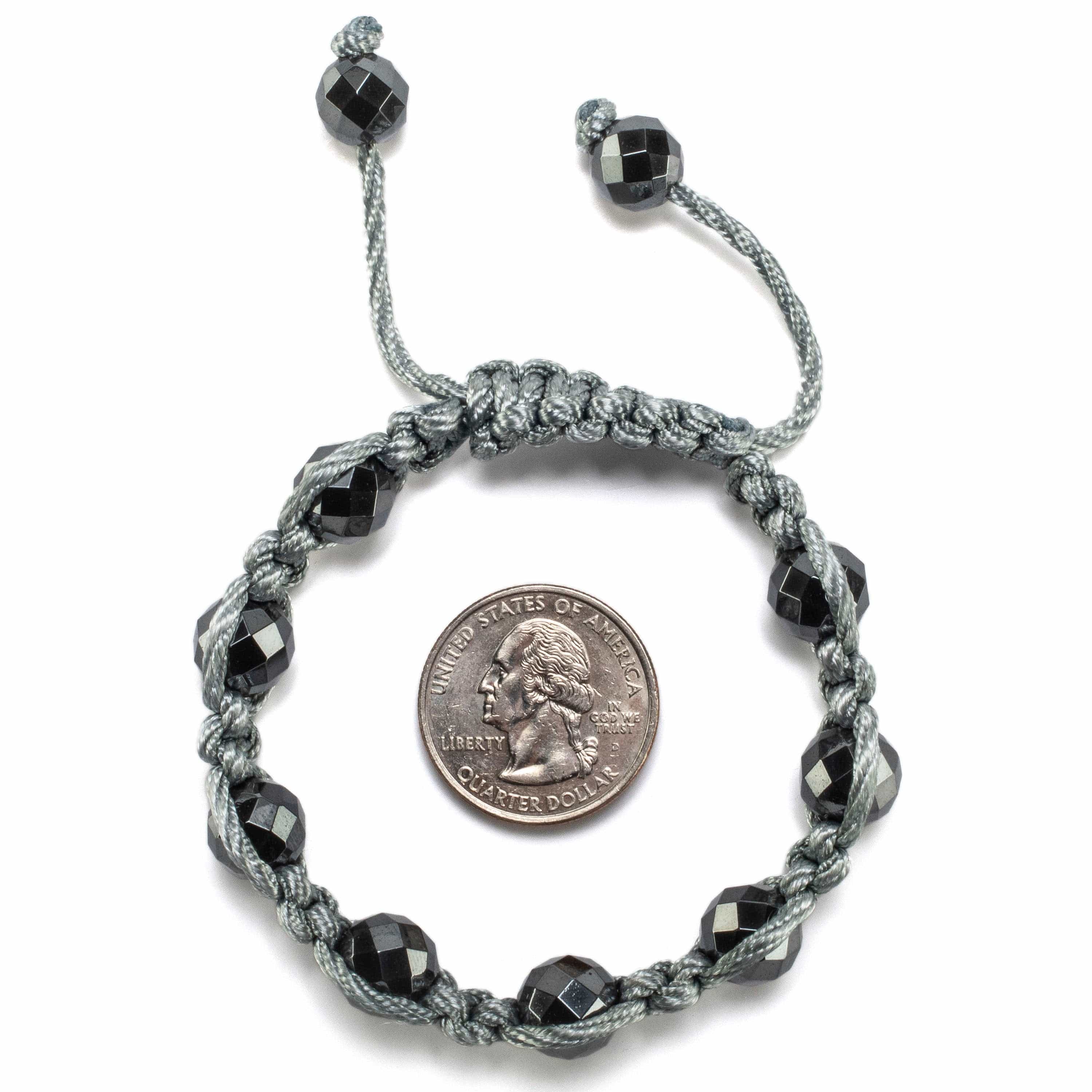 Kalifano Gemstone Bracelets Faceted Hematite 10mm Beads Grey Rope Adjustable Bracelet BLUE-BGP-048