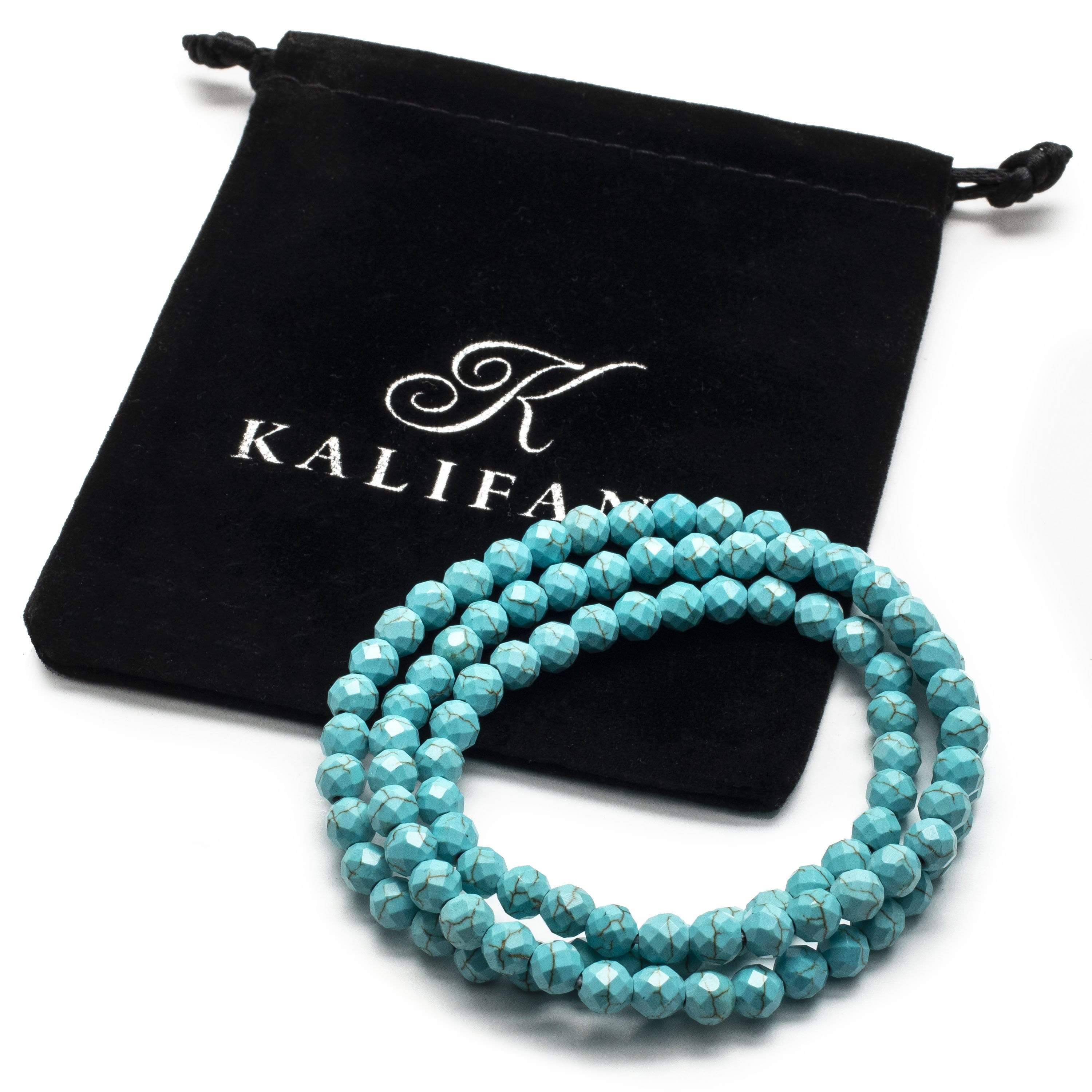 Kalifano Gemstone Bracelets Faceted Howlite Turquoise 6mm Gemstone Bead Triple Wrap Elastic Bracelet WHITE-BGI3-007