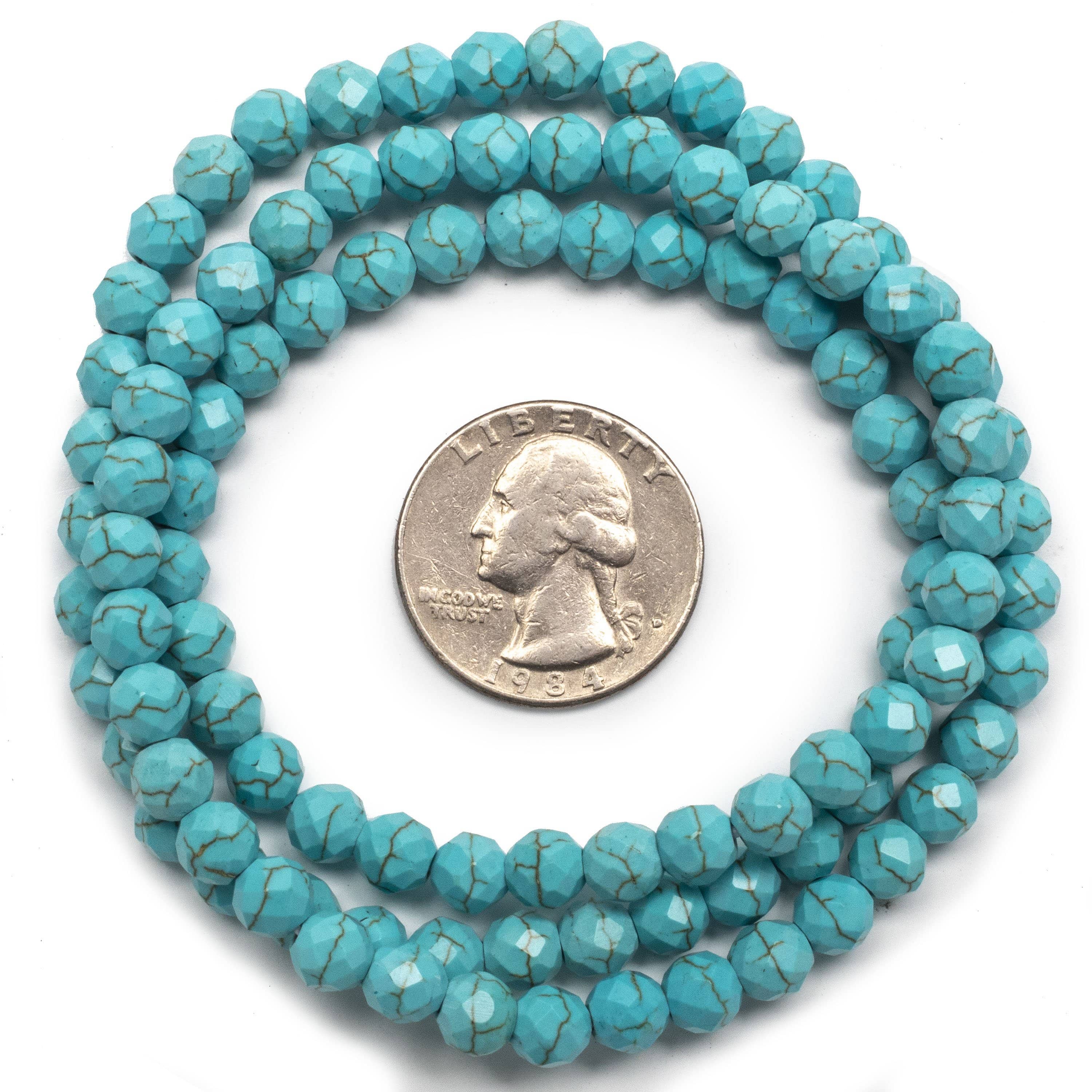 Kalifano Gemstone Bracelets Faceted Howlite Turquoise 6mm Gemstone Bead Triple Wrap Elastic Bracelet WHITE-BGI3-007